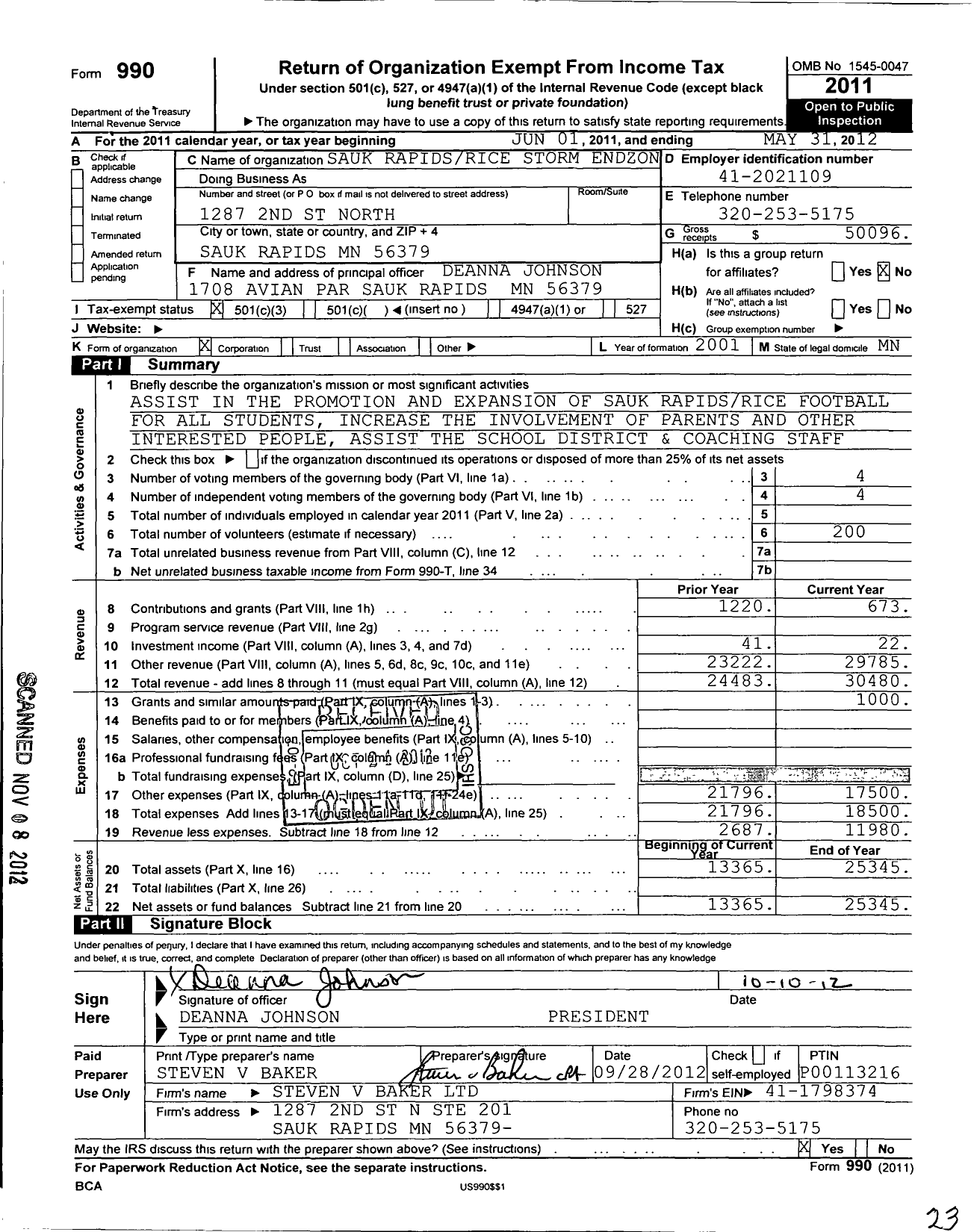 Image of first page of 2011 Form 990 for Sauk Rapids Rice Storm Endzone Club