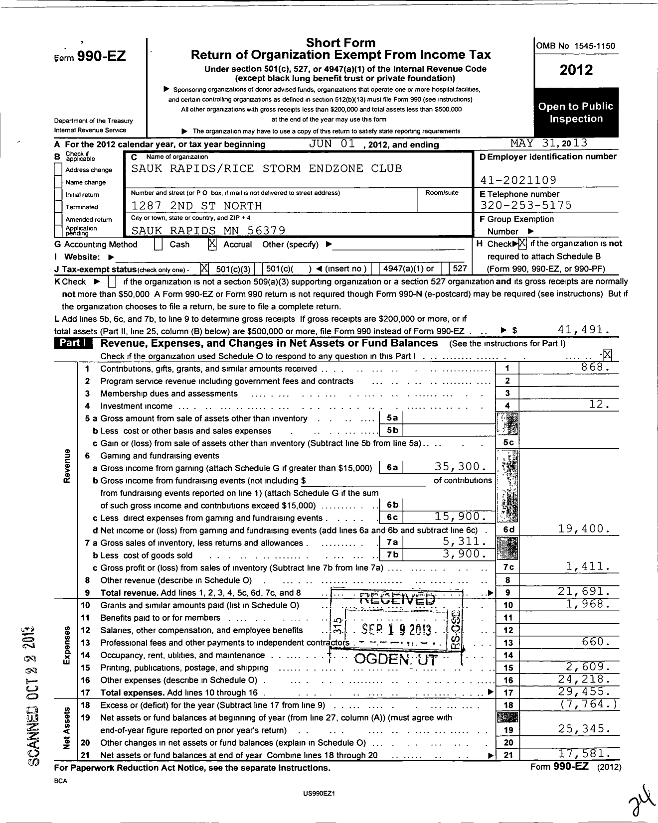 Image of first page of 2012 Form 990EZ for Sauk Rapids Rice Storm Endzone Club