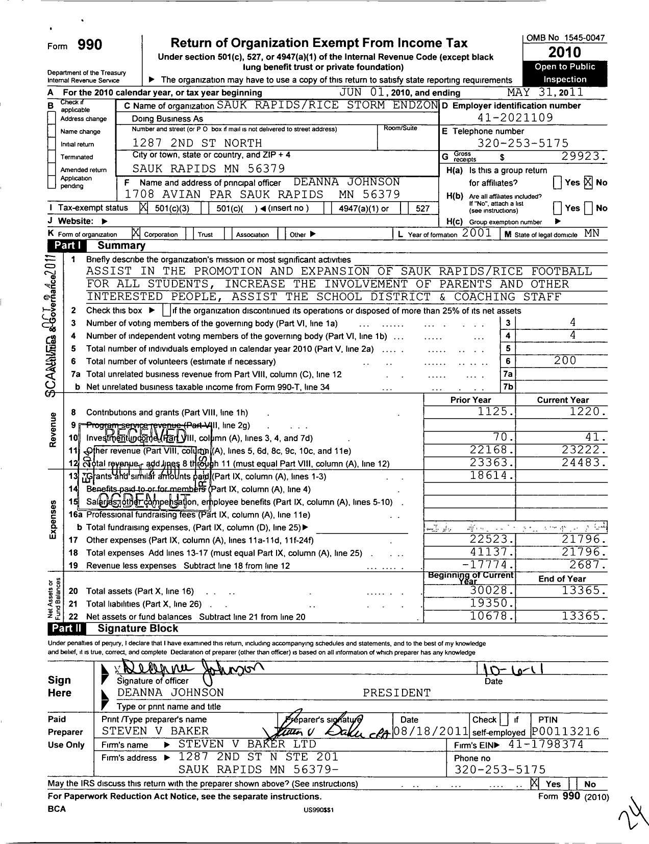 Image of first page of 2010 Form 990 for Sauk Rapids Rice Storm Endzone Club