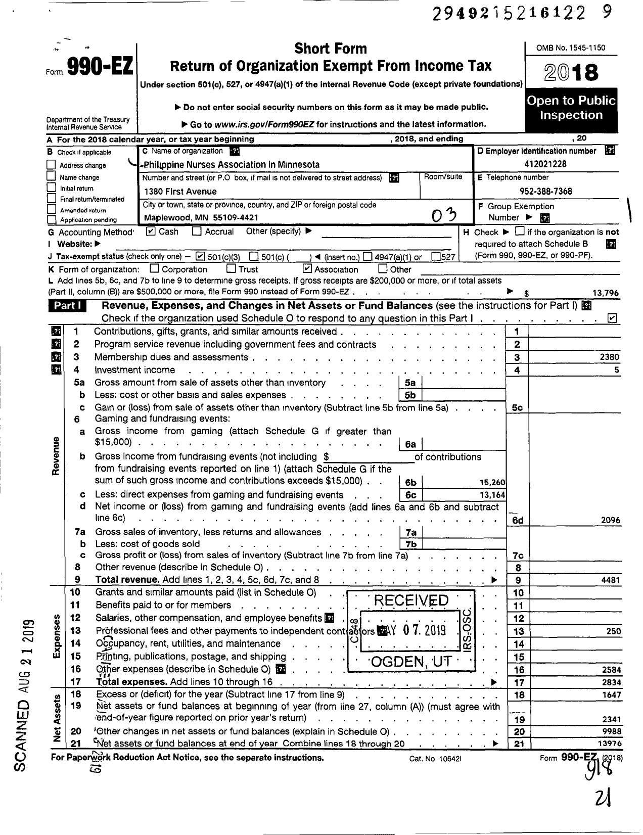 Image of first page of 2018 Form 990EZ for Philippine Nurses Association Minnesota