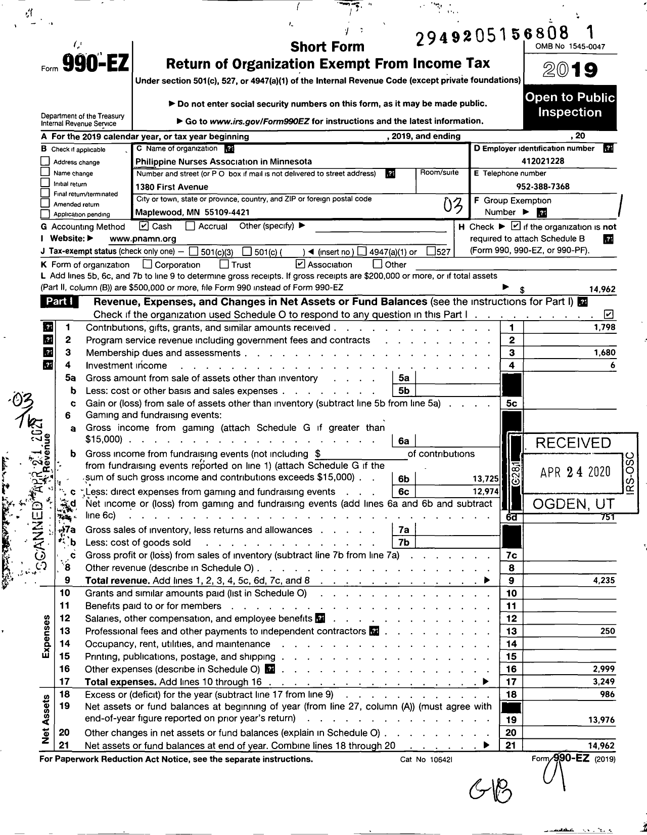 Image of first page of 2019 Form 990EZ for Philippine Nurses Association Minnesota