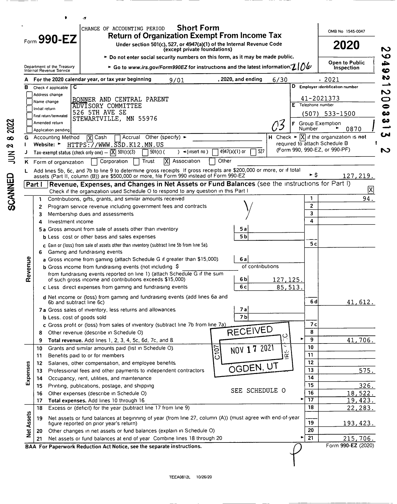 Image of first page of 2020 Form 990EZ for Stewartville Elementary PTA