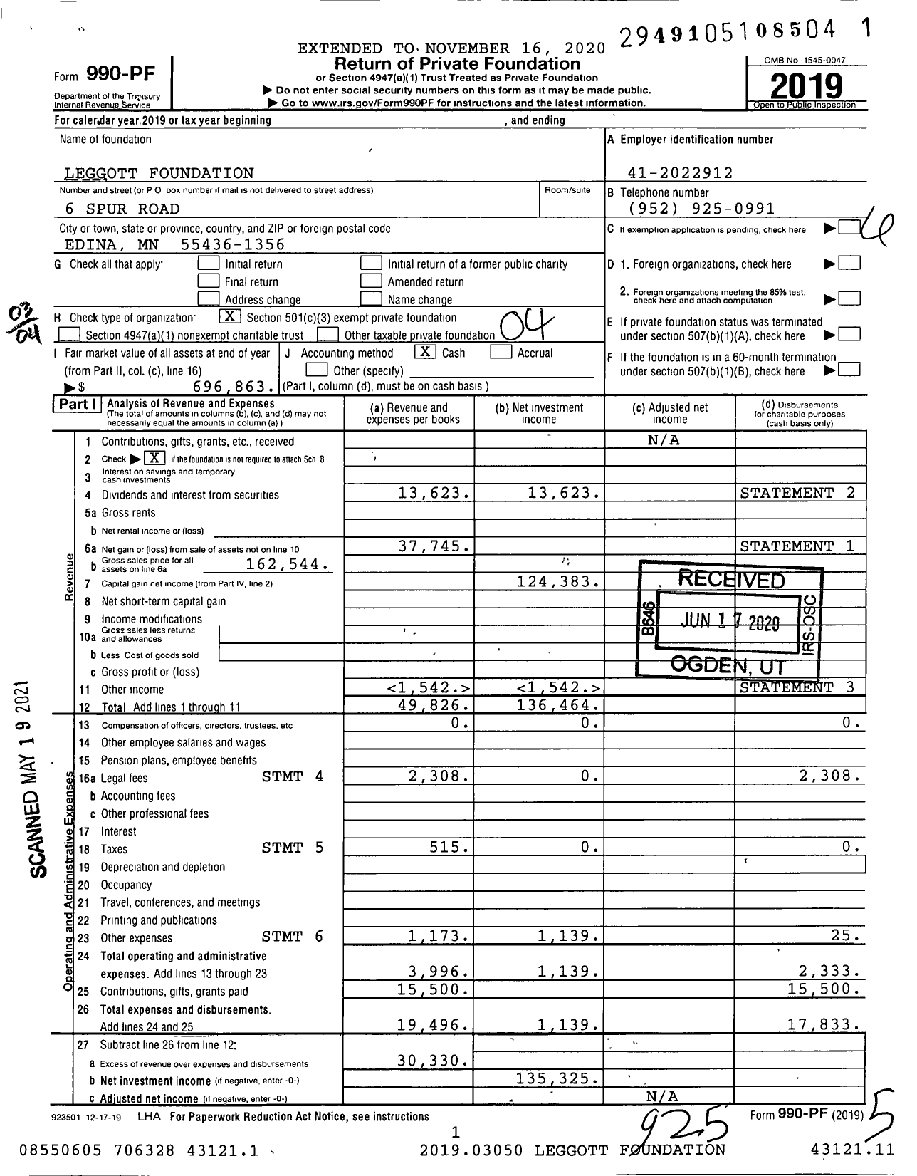 Image of first page of 2019 Form 990PF for Leggott Foundation