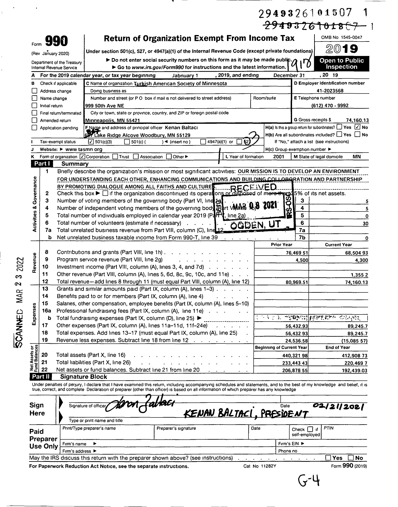 Image of first page of 2019 Form 990 for Turkish American Society of Minnesota