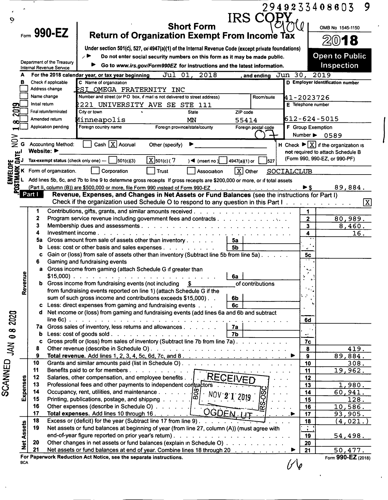 Image of first page of 2018 Form 990EO for Zeta Kappa Chapter of Psi Omega