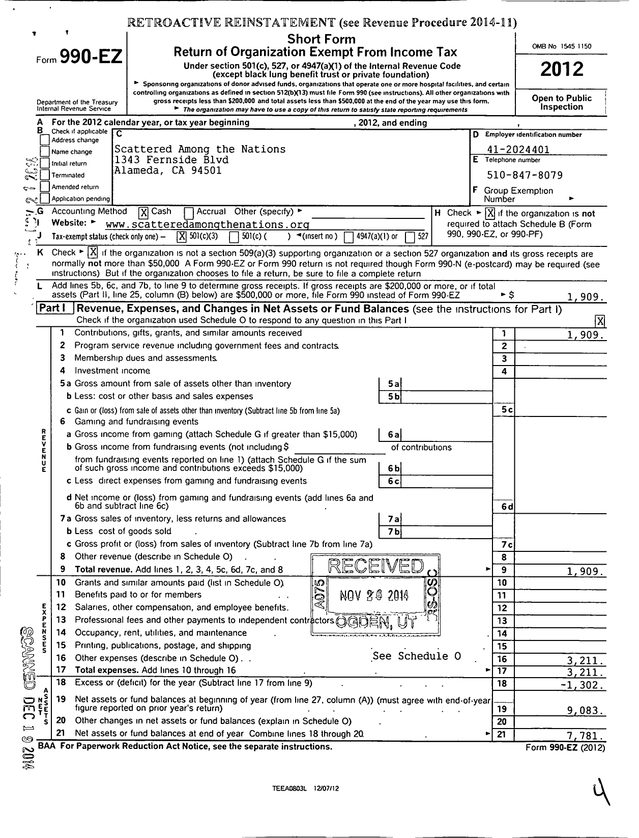 Image of first page of 2012 Form 990EZ for Scattered Among the Nations