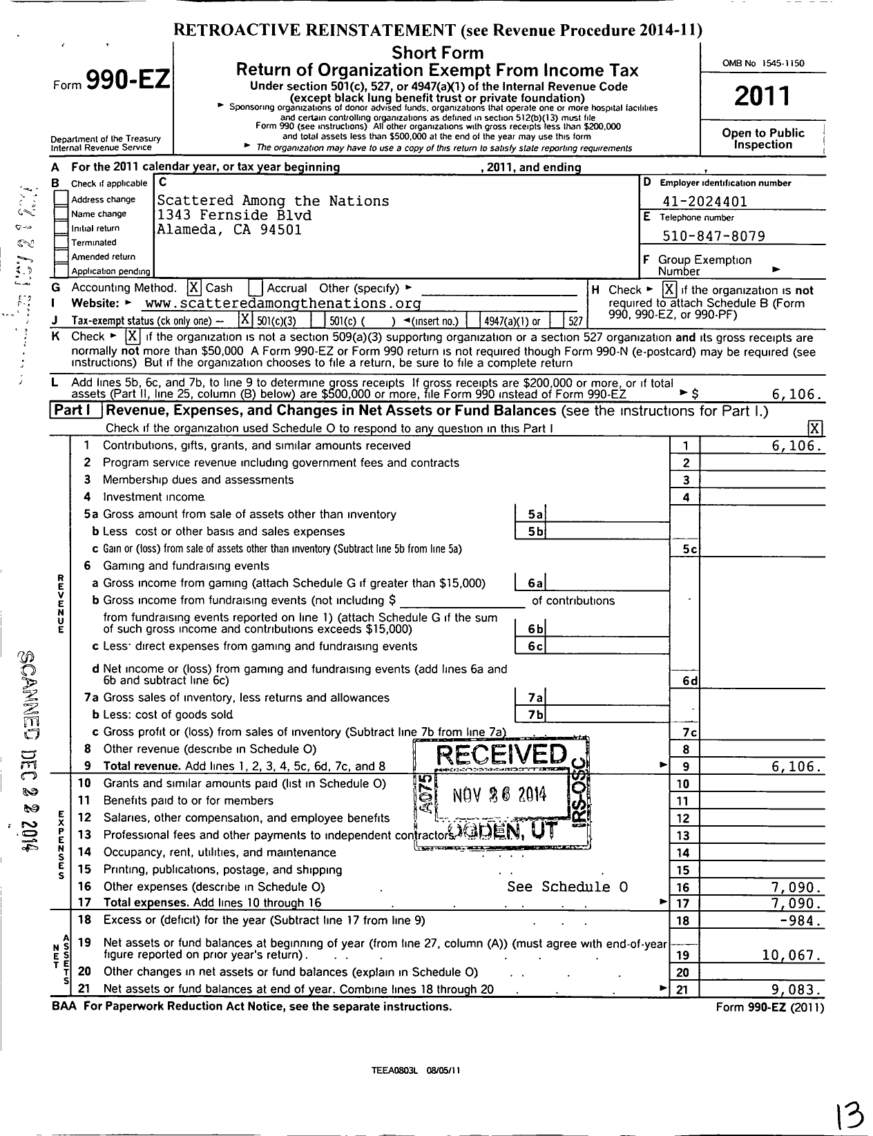 Image of first page of 2011 Form 990EZ for Scattered Among the Nations