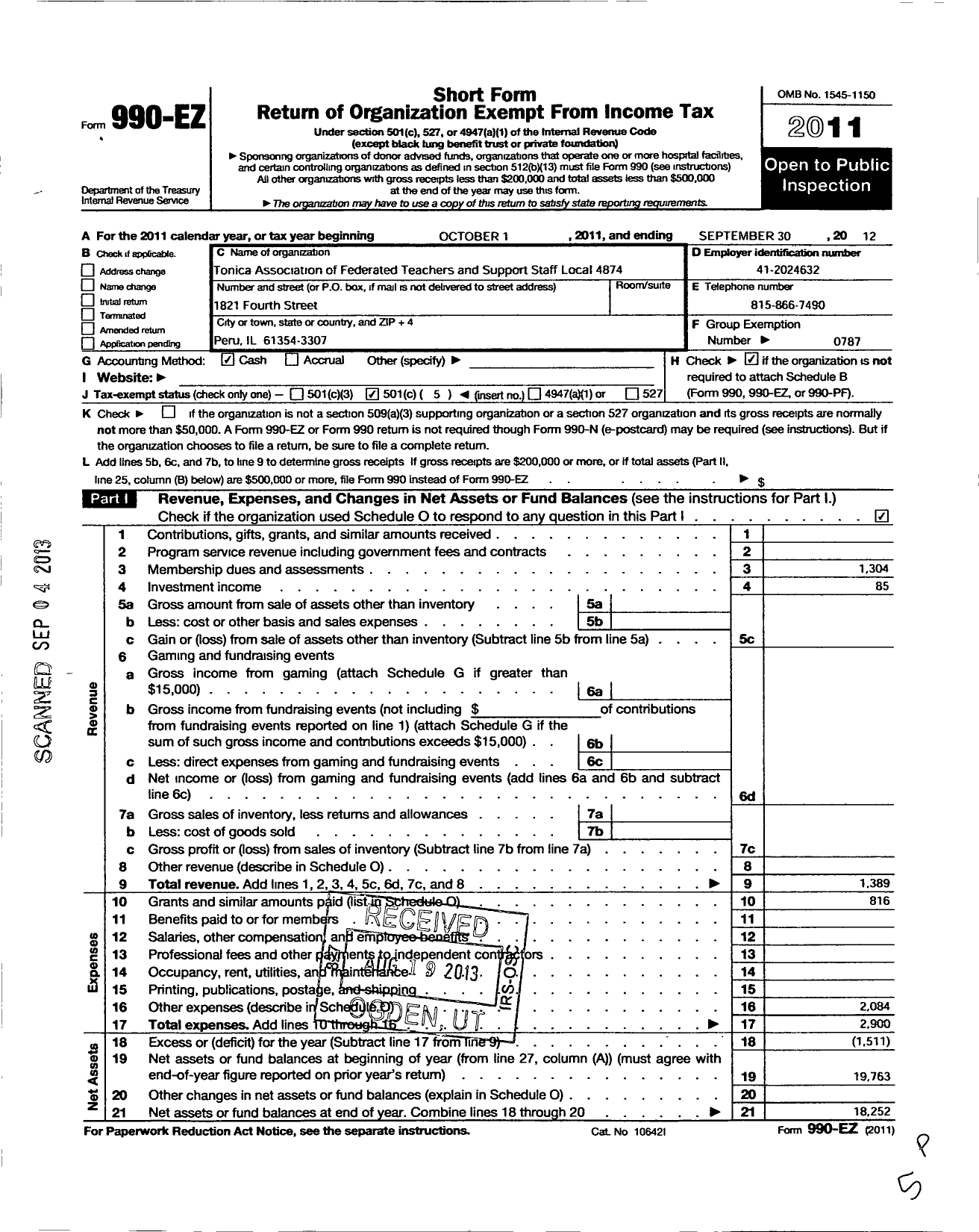 Image of first page of 2011 Form 990EO for American Federation of Teachers - 4874 Tonica Assn of Federated Teach