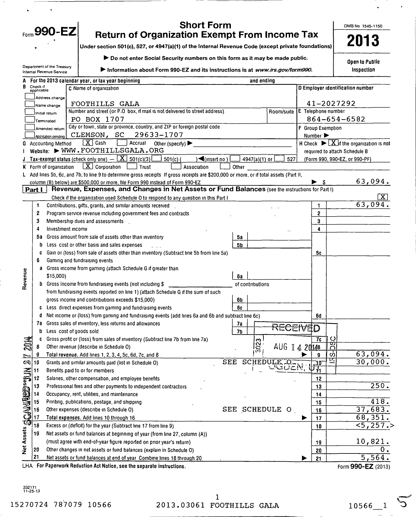 Image of first page of 2013 Form 990EZ for Foothills Gala