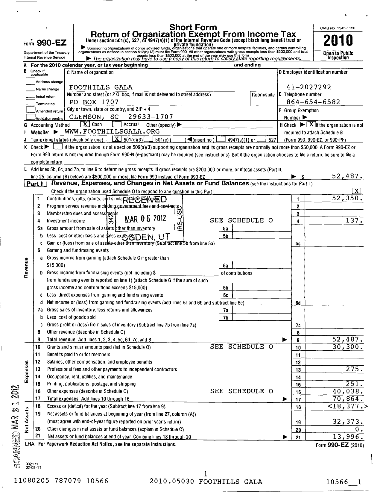 Image of first page of 2010 Form 990EZ for Foothills Gala