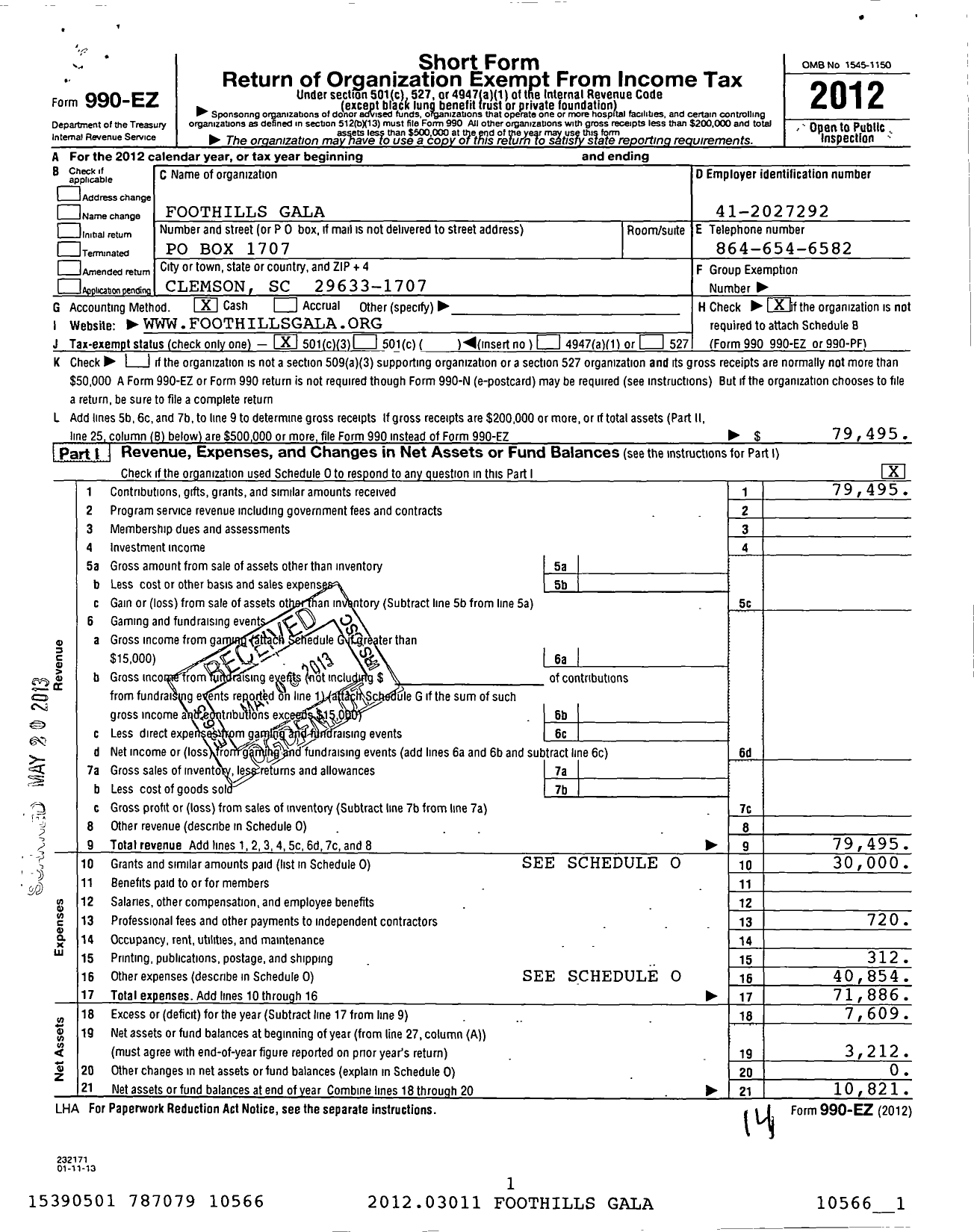 Image of first page of 2012 Form 990EZ for Foothills Gala