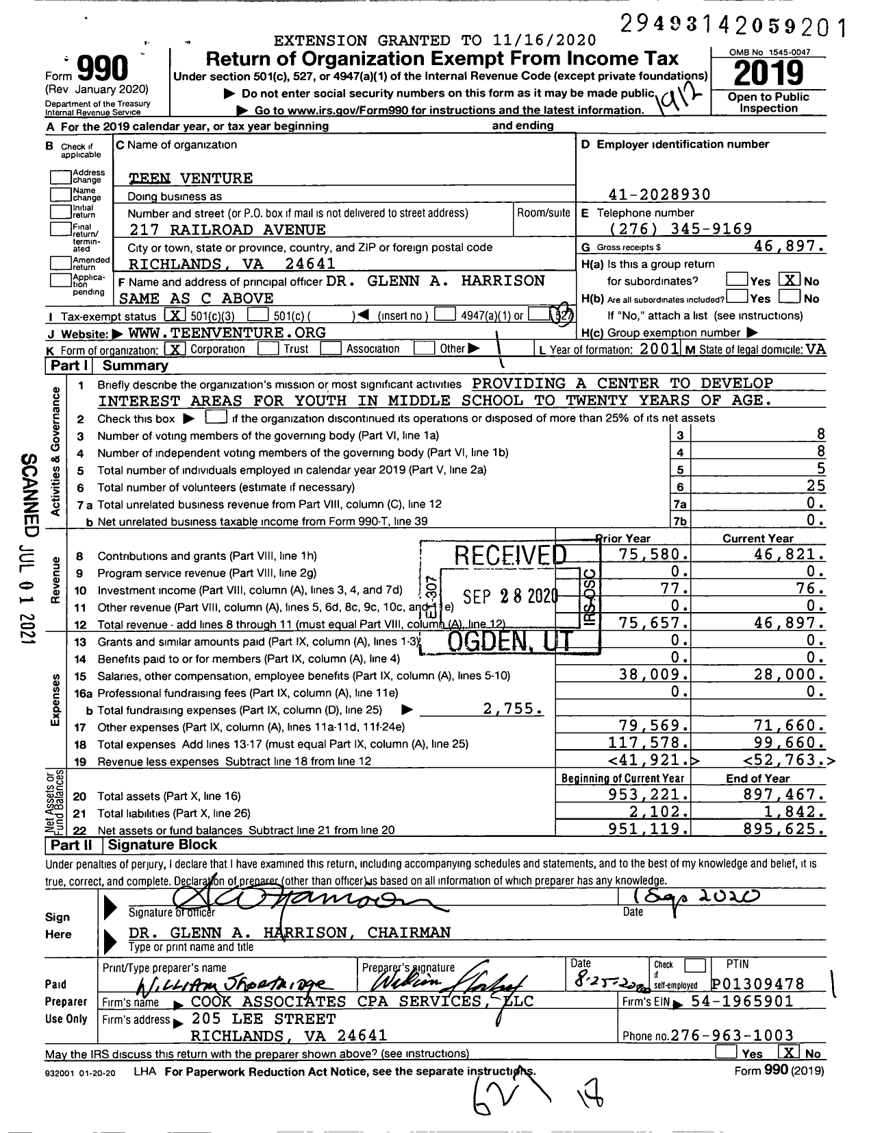 Image of first page of 2019 Form 990 for Teen Venture