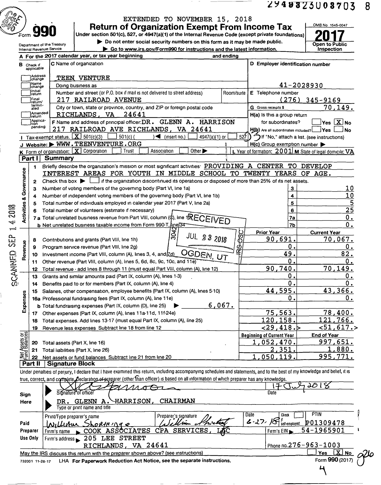 Image of first page of 2017 Form 990 for Teen Venture
