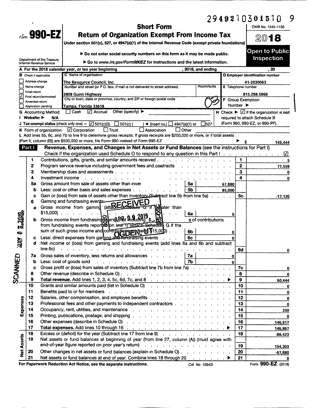 Image of first page of 2018 Form 990EZ for Resource Council