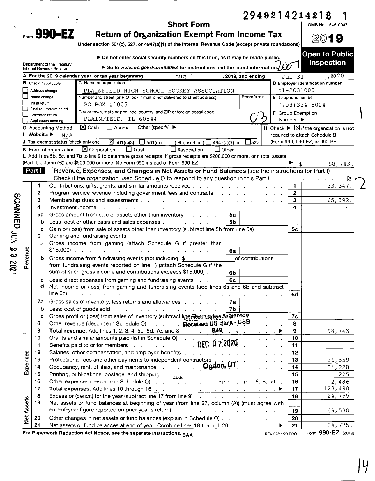 Image of first page of 2019 Form 990EZ for Plainfield High School Hockey Association