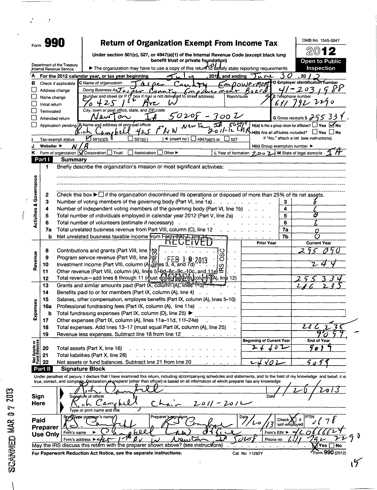 Image of first page of 2011 Form 990 for Jasper County Empowerment Board