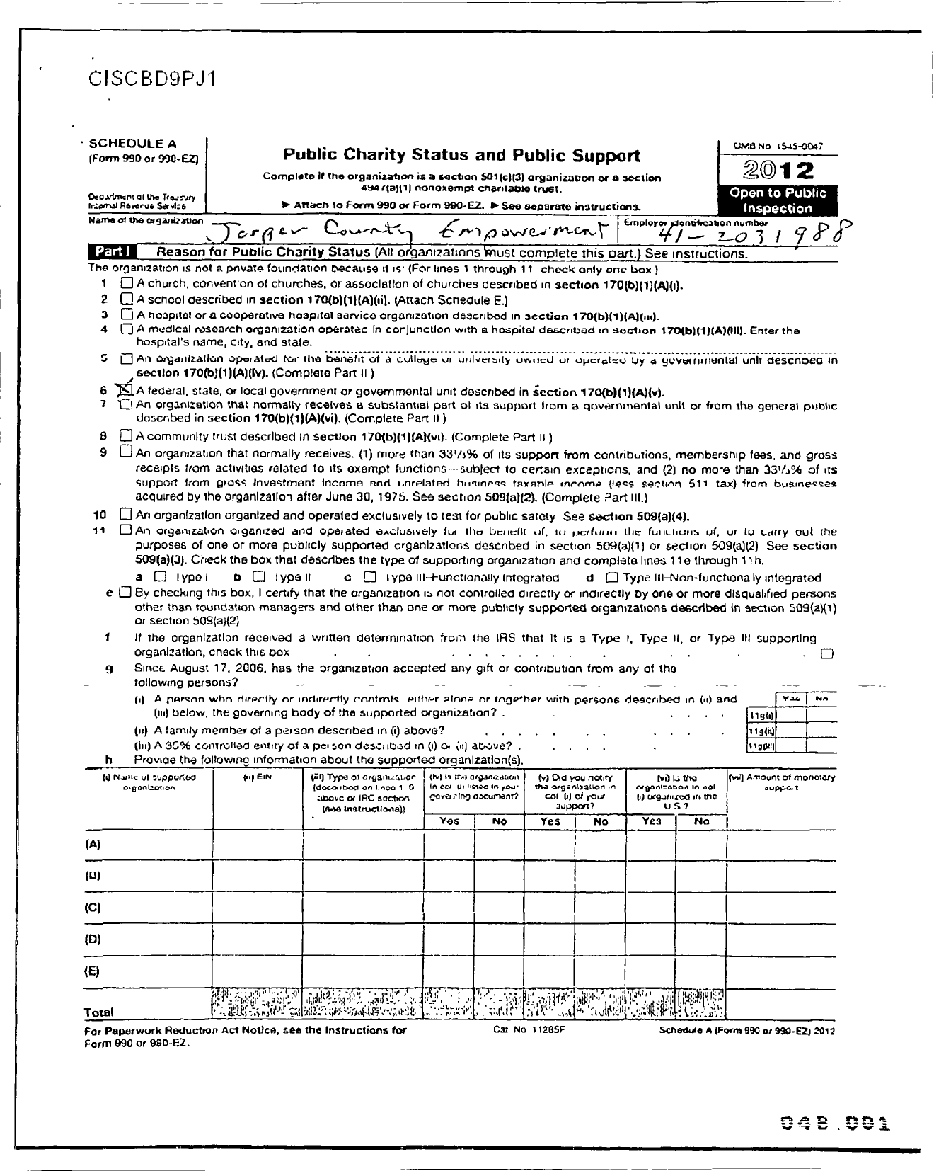 Image of first page of 2011 Form 990R for Jasper County Empowerment Board