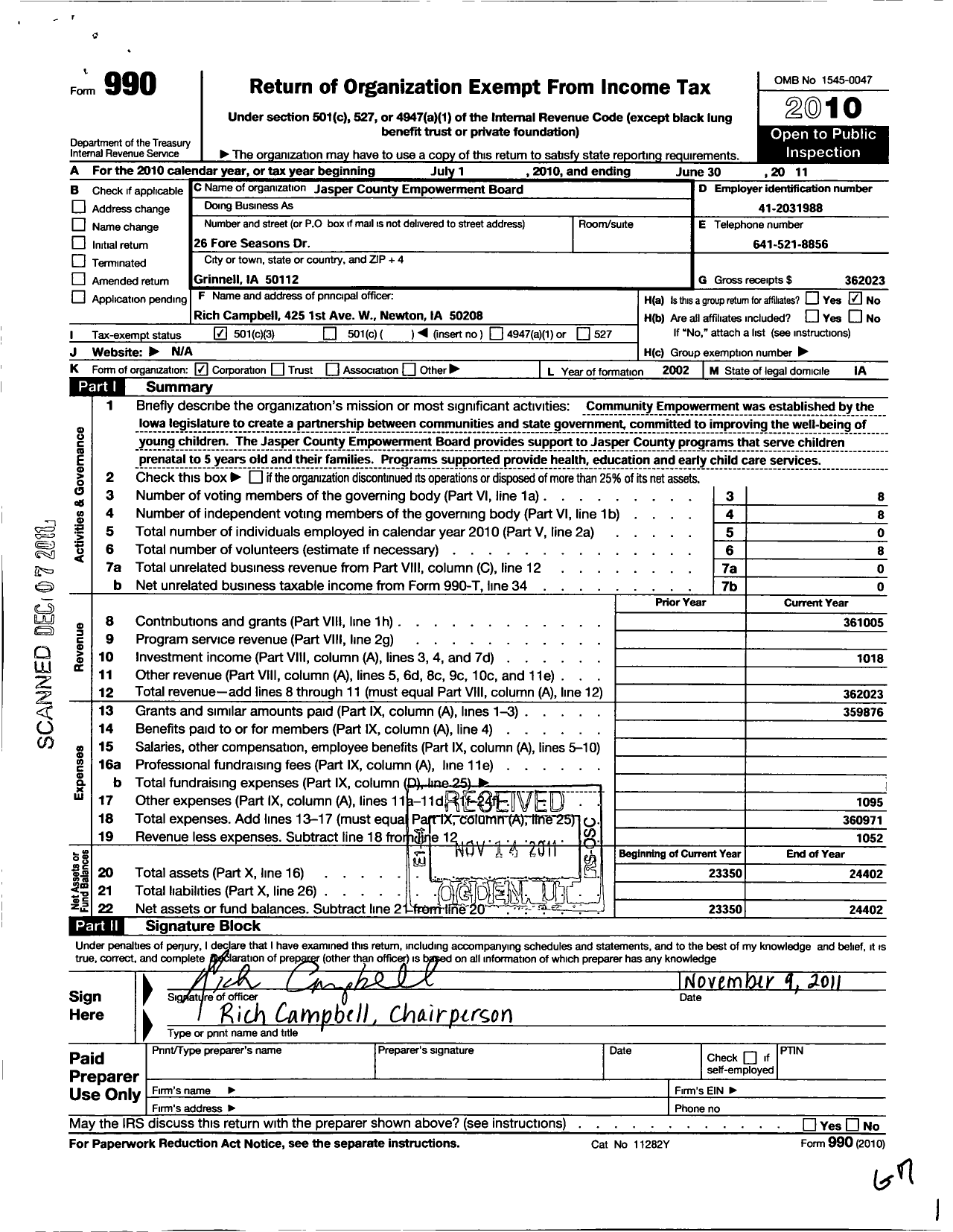 Image of first page of 2010 Form 990 for Jasper County Empowerment Board