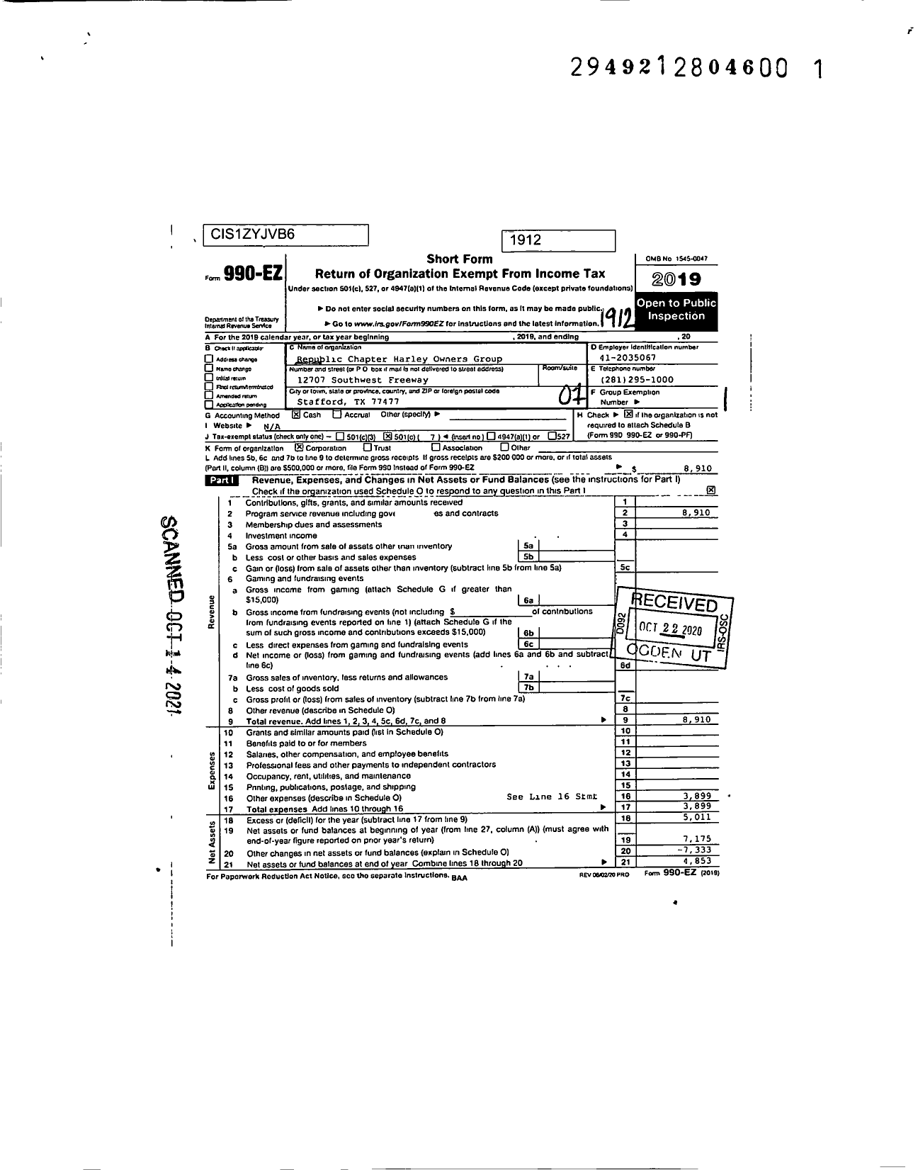 Image of first page of 2019 Form 990EO for Republic Chapter Harley Owners Group