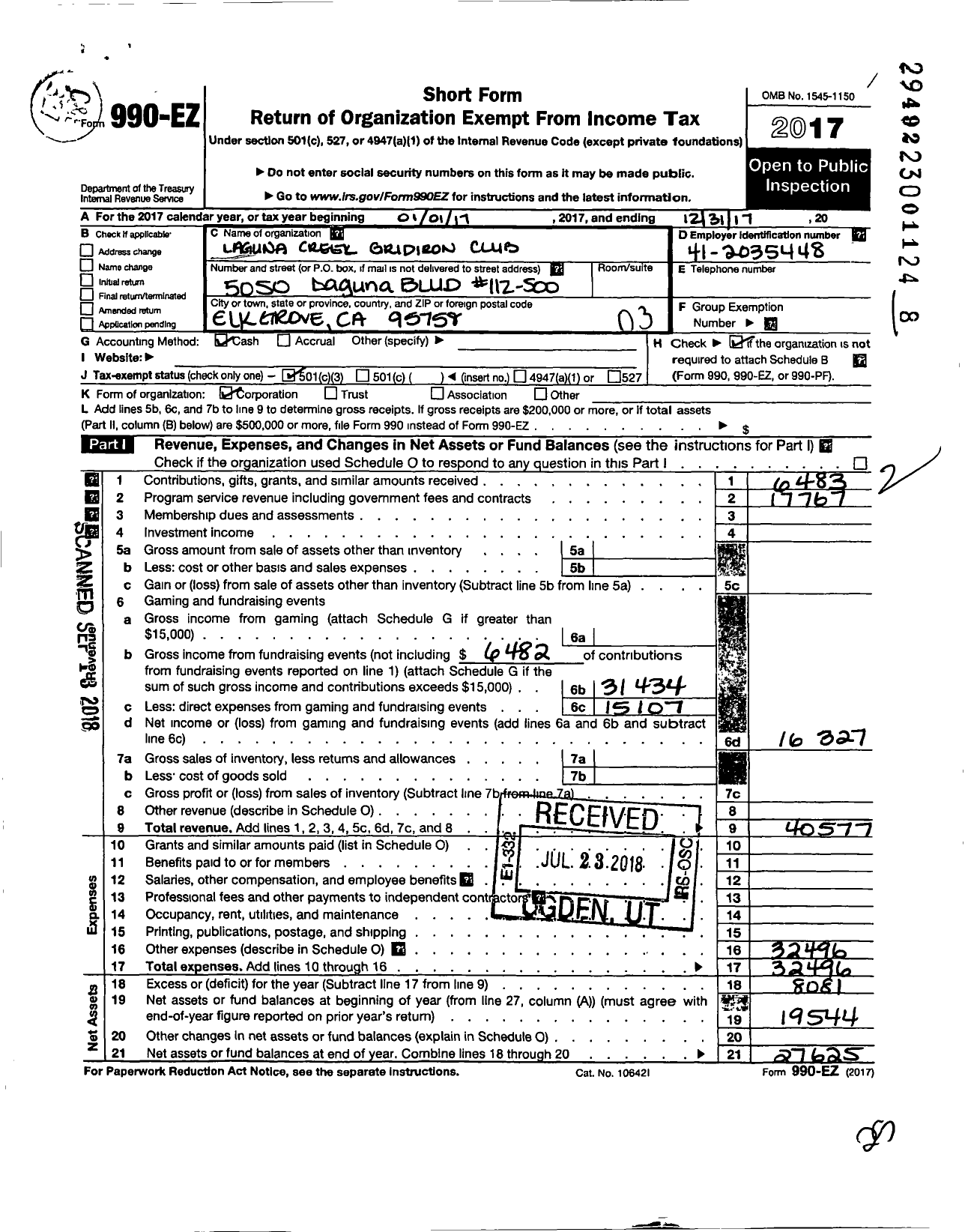 Image of first page of 2017 Form 990EZ for Laguna Creek Gridiron Club