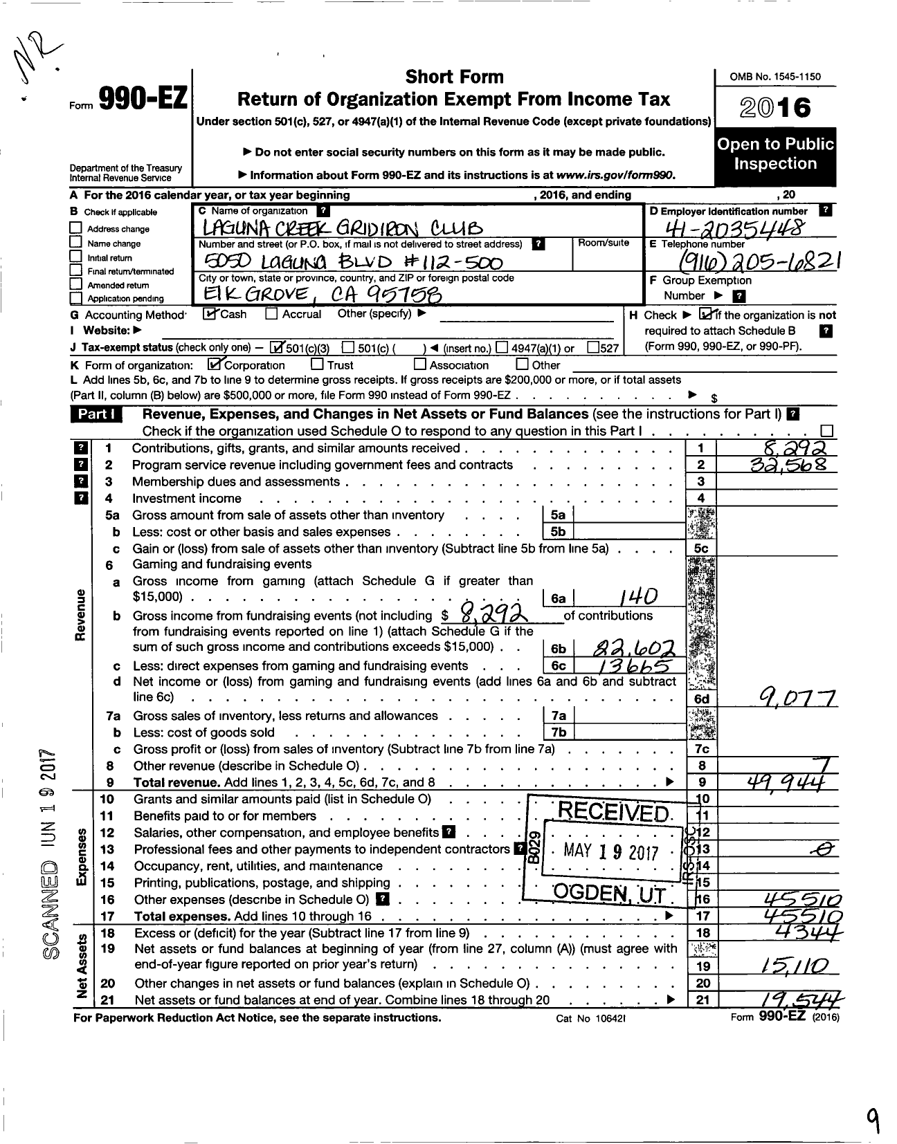 Image of first page of 2016 Form 990EZ for Laguna Creek Gridiron Club