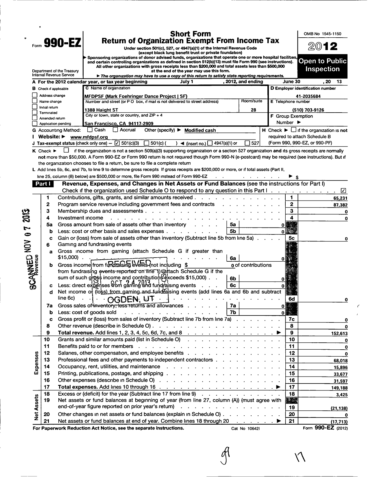 Image of first page of 2012 Form 990EZ for MFDP SF Mark Foehringer Dance Project SF