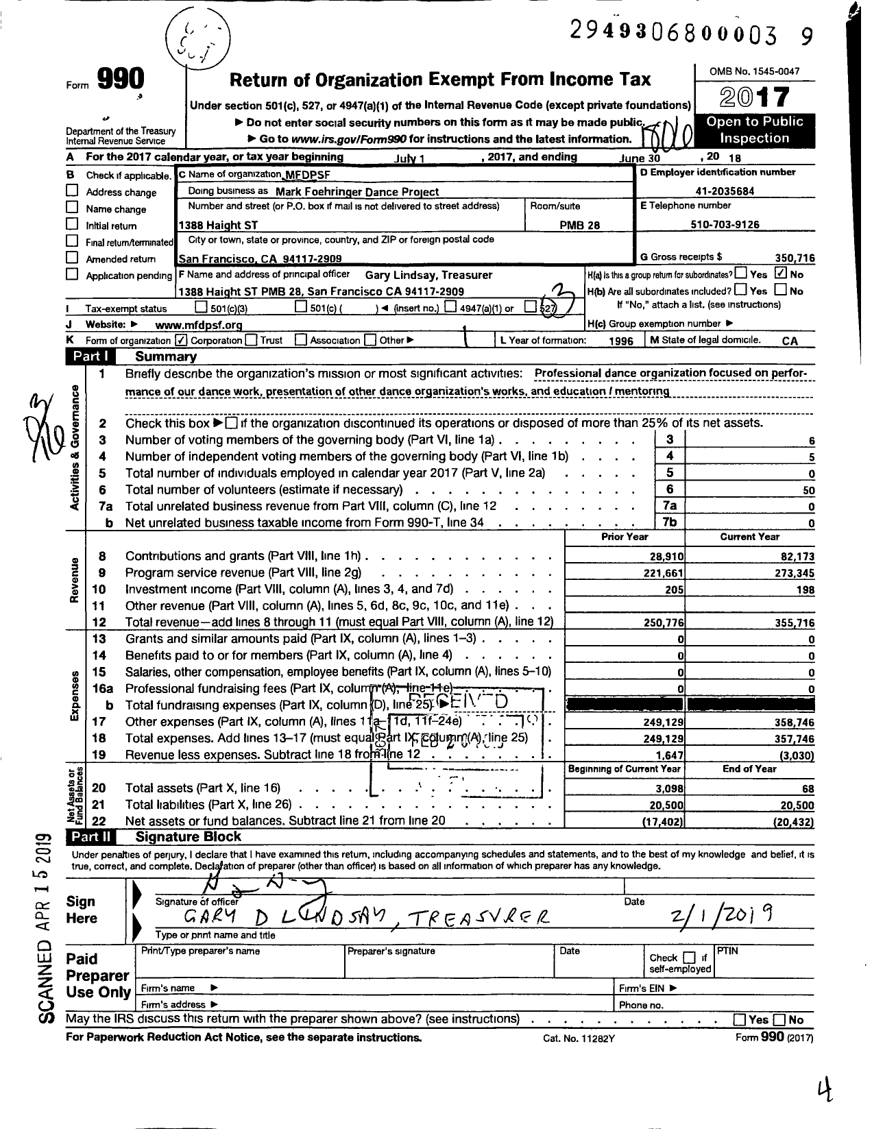 Image of first page of 2017 Form 990 for MFDP SF Mark Foehringer Dance Project SF