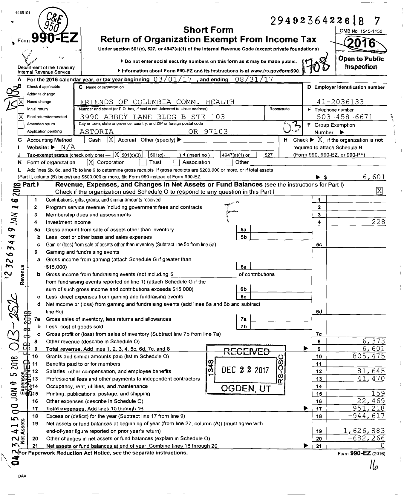 Image of first page of 2016 Form 990EZ for Coastal Family Health Center