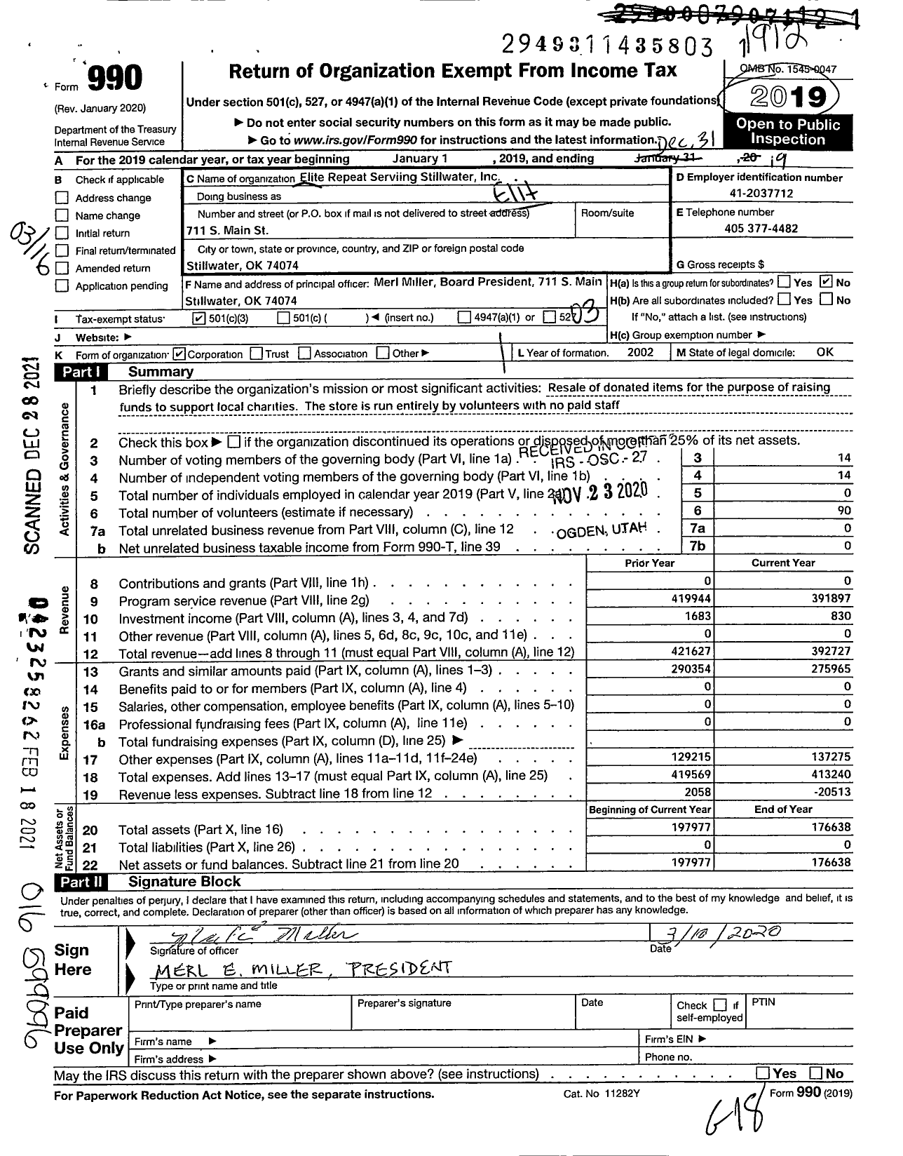 Image of first page of 2019 Form 990 for Elite Repeat Serving Stillwater