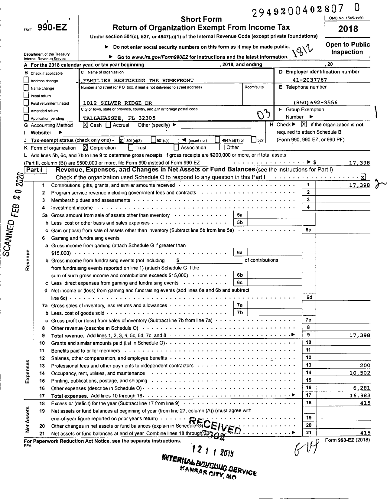 Image of first page of 2018 Form 990EZ for Families Restoring the Homefront