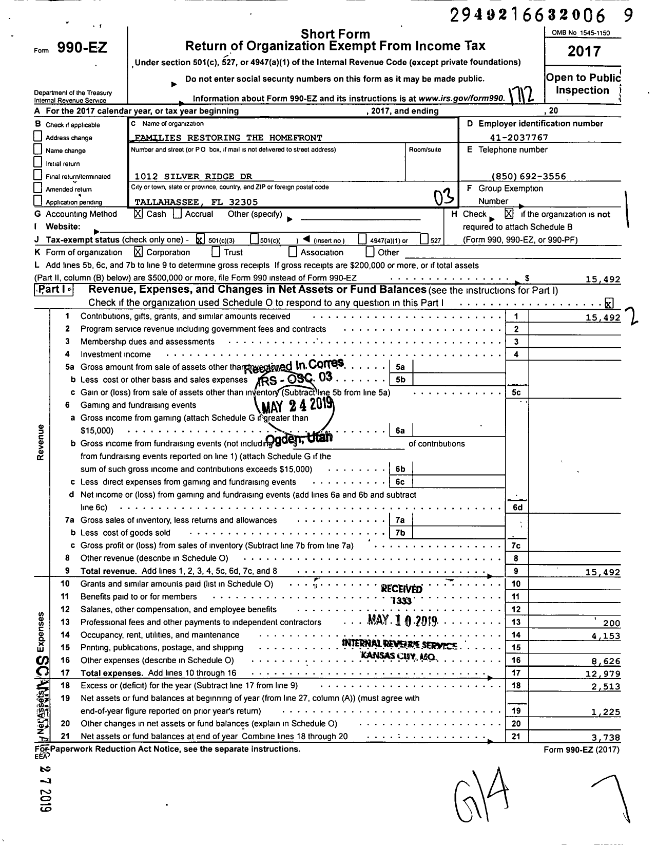 Image of first page of 2017 Form 990EZ for Families Restoring the Homefront