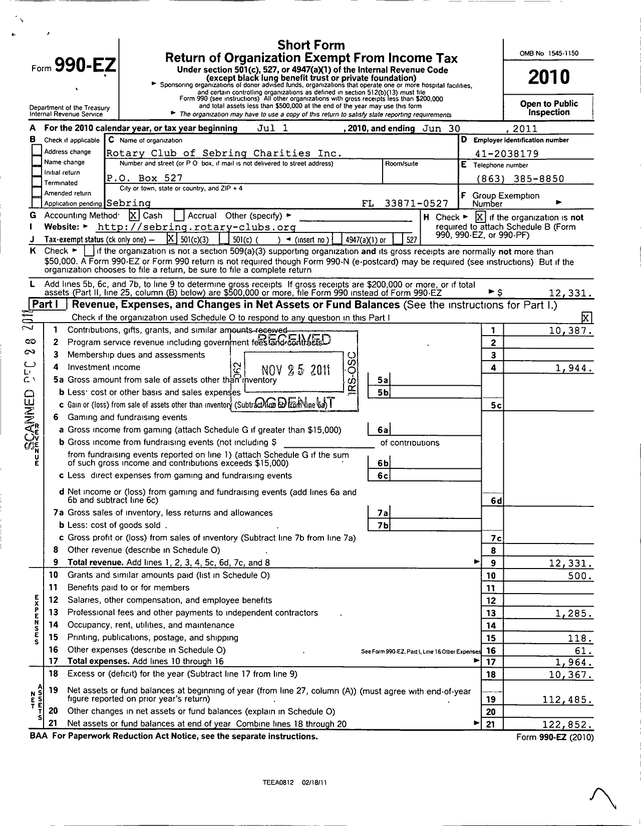Image of first page of 2010 Form 990EZ for Rotary Club of Sebring Charities