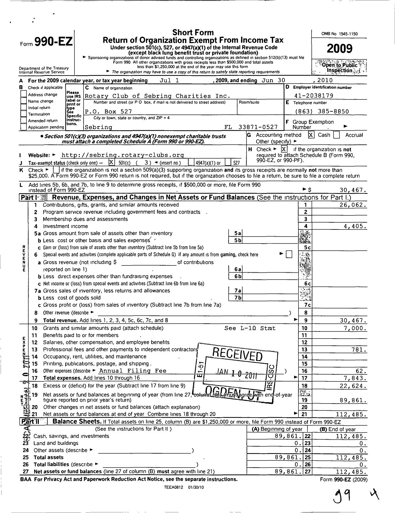 Image of first page of 2009 Form 990EZ for Rotary Club of Sebring Charities