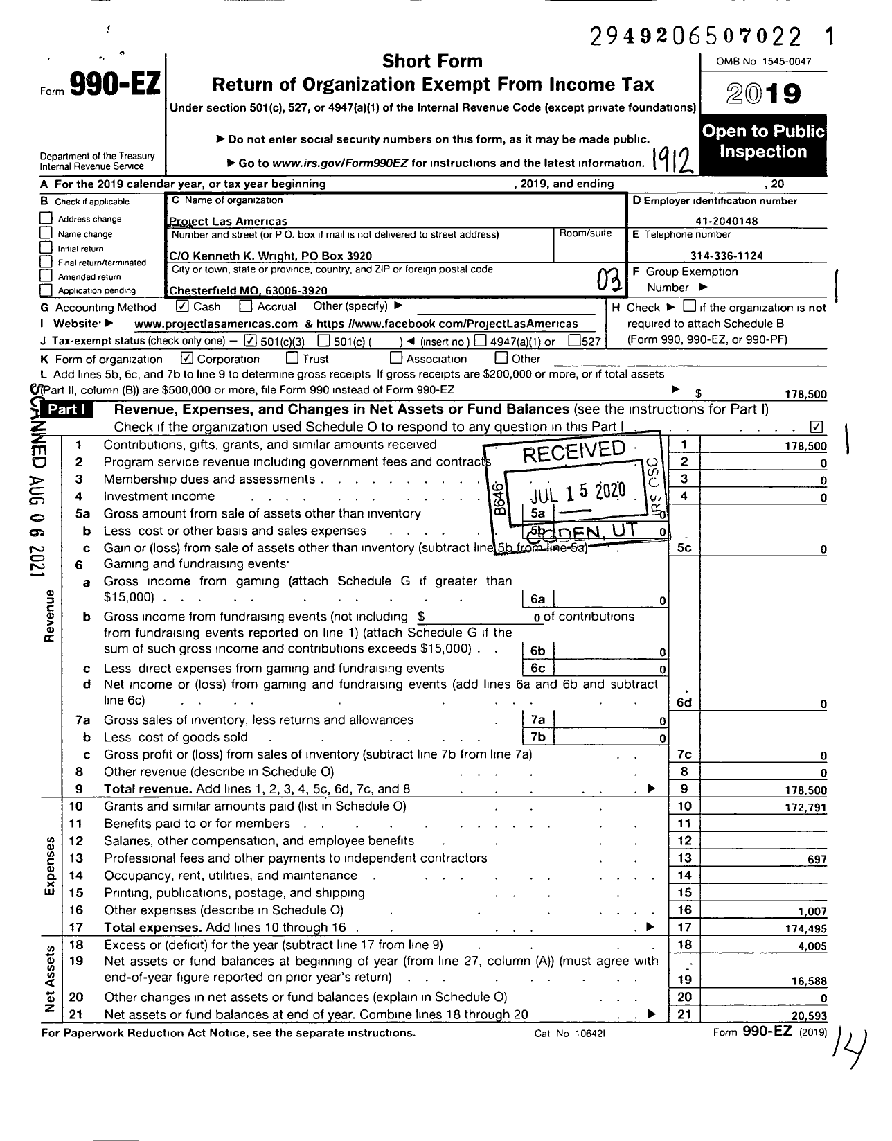 Image of first page of 2019 Form 990EZ for Project Las Americas