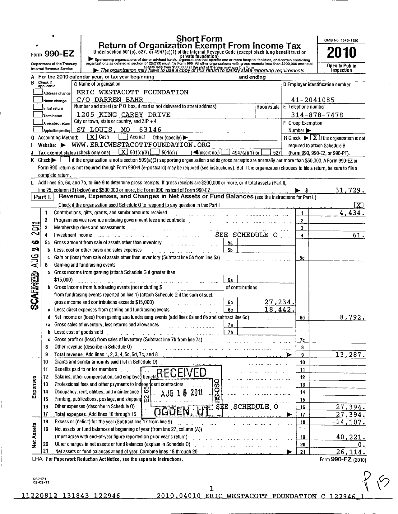 Image of first page of 2010 Form 990EZ for Eric Westacott Foundation