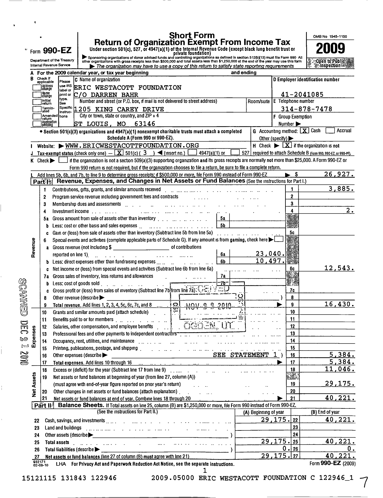 Image of first page of 2009 Form 990EZ for Eric Westacott Foundation