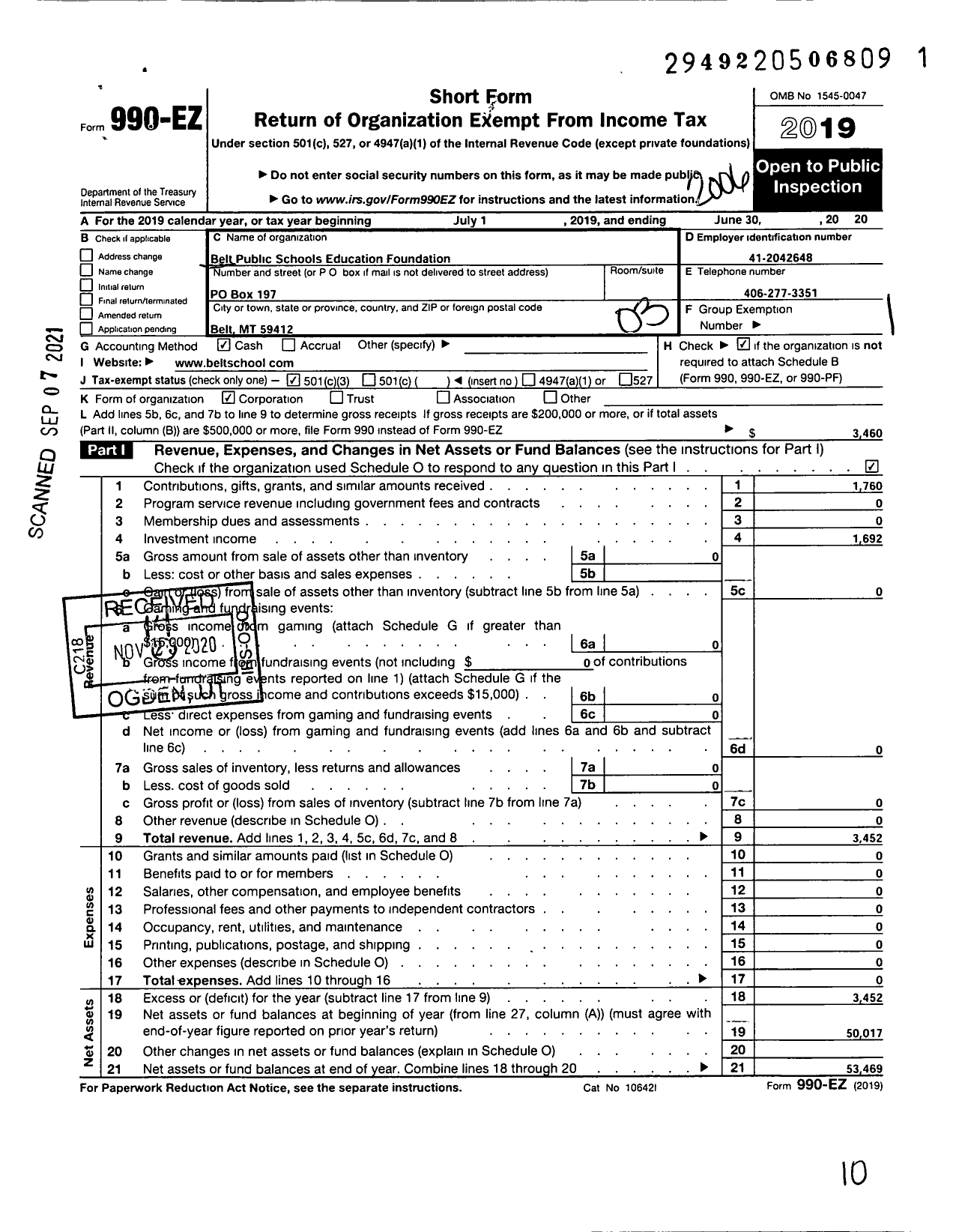 Image of first page of 2019 Form 990EZ for Belt Public Schools Education Foundation