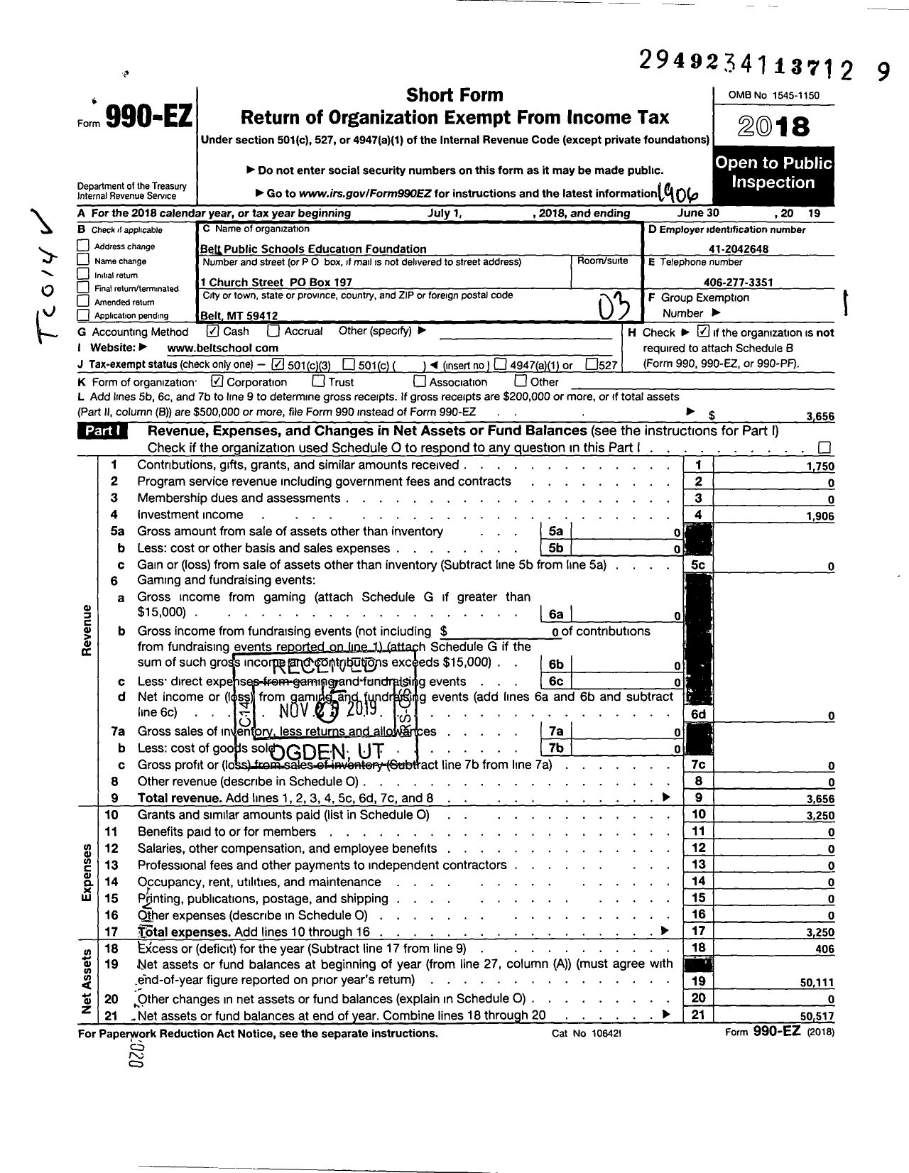 Image of first page of 2018 Form 990EZ for Belt Public Schools Education Foundation