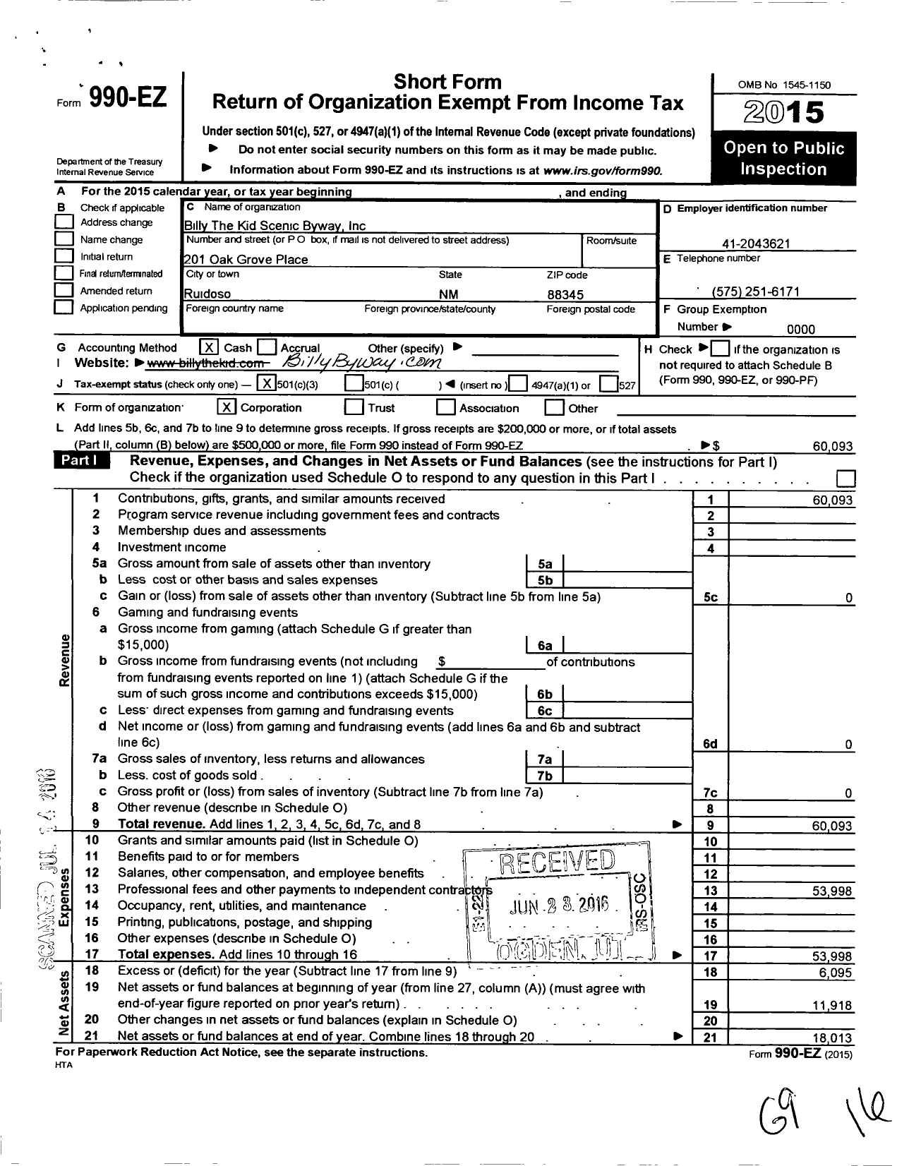 Image of first page of 2015 Form 990EZ for Billy the Kid Scenic Byway Way