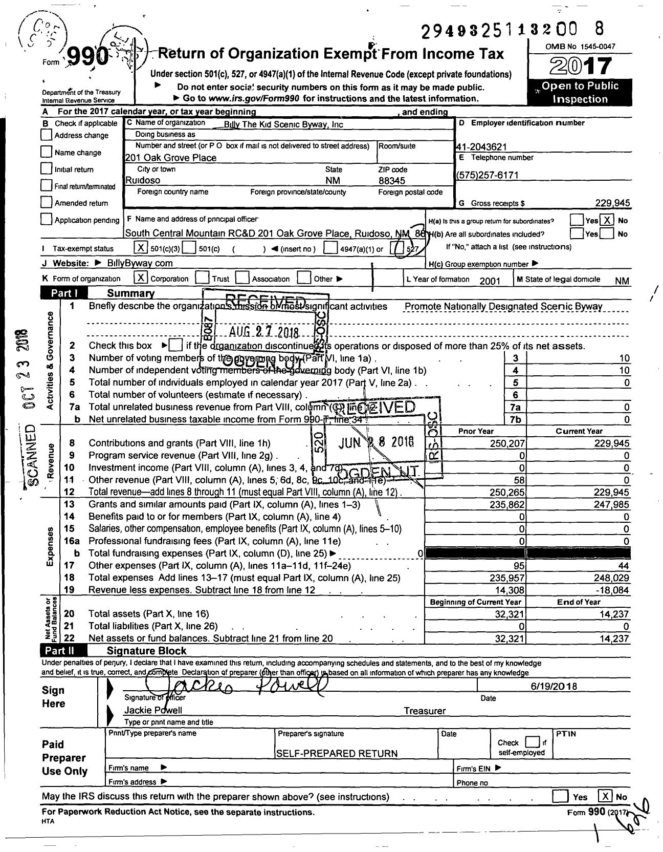 Image of first page of 2017 Form 990 for Billy the Kid Scenic Byway Way