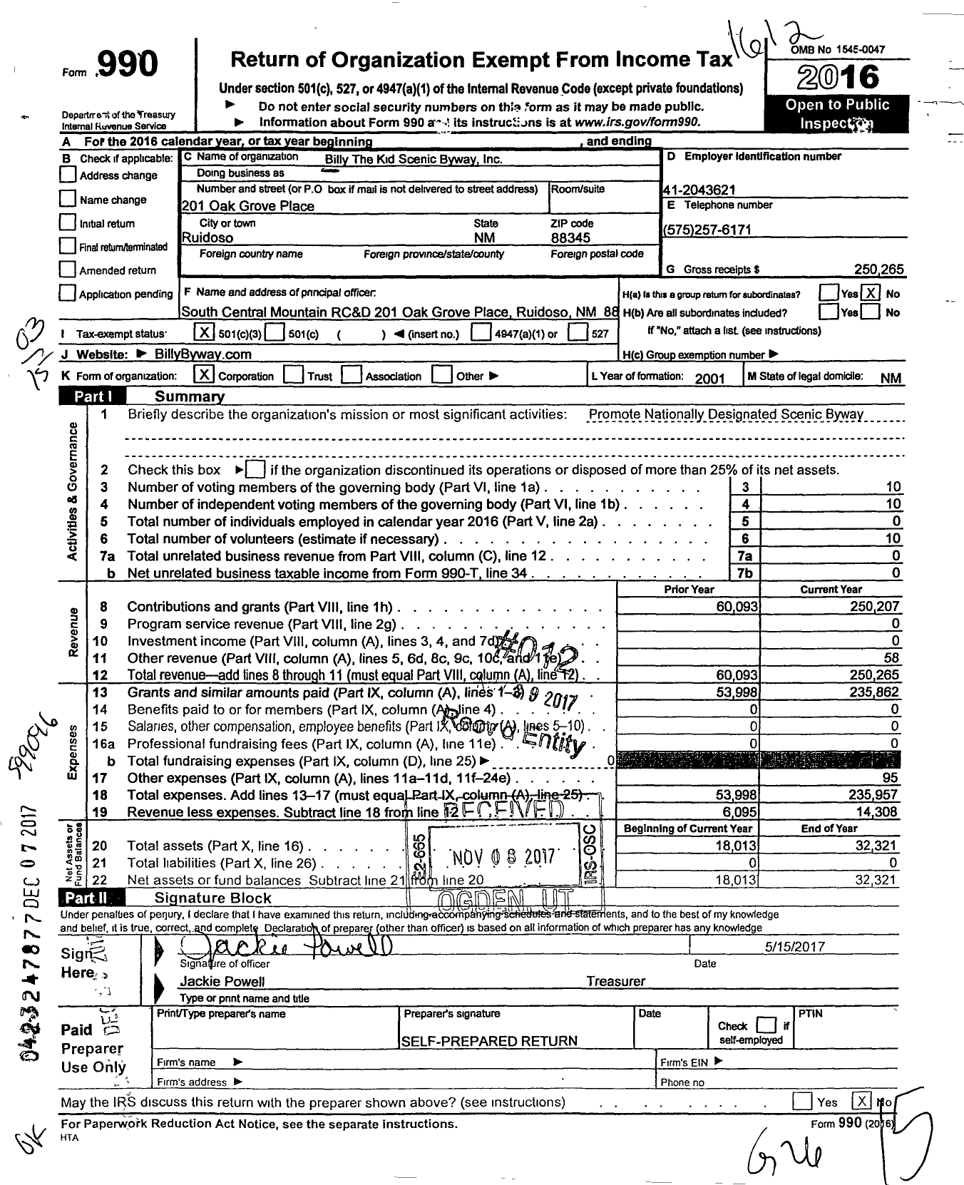 Image of first page of 2016 Form 990 for Billy the Kid Scenic Byway Way