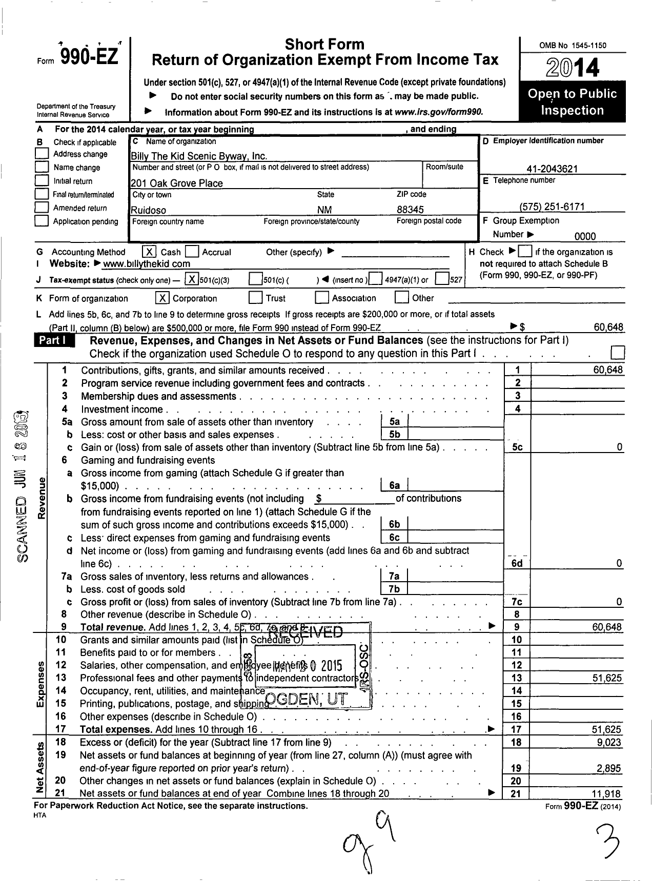 Image of first page of 2014 Form 990EZ for Billy the Kid Scenic Byway Way