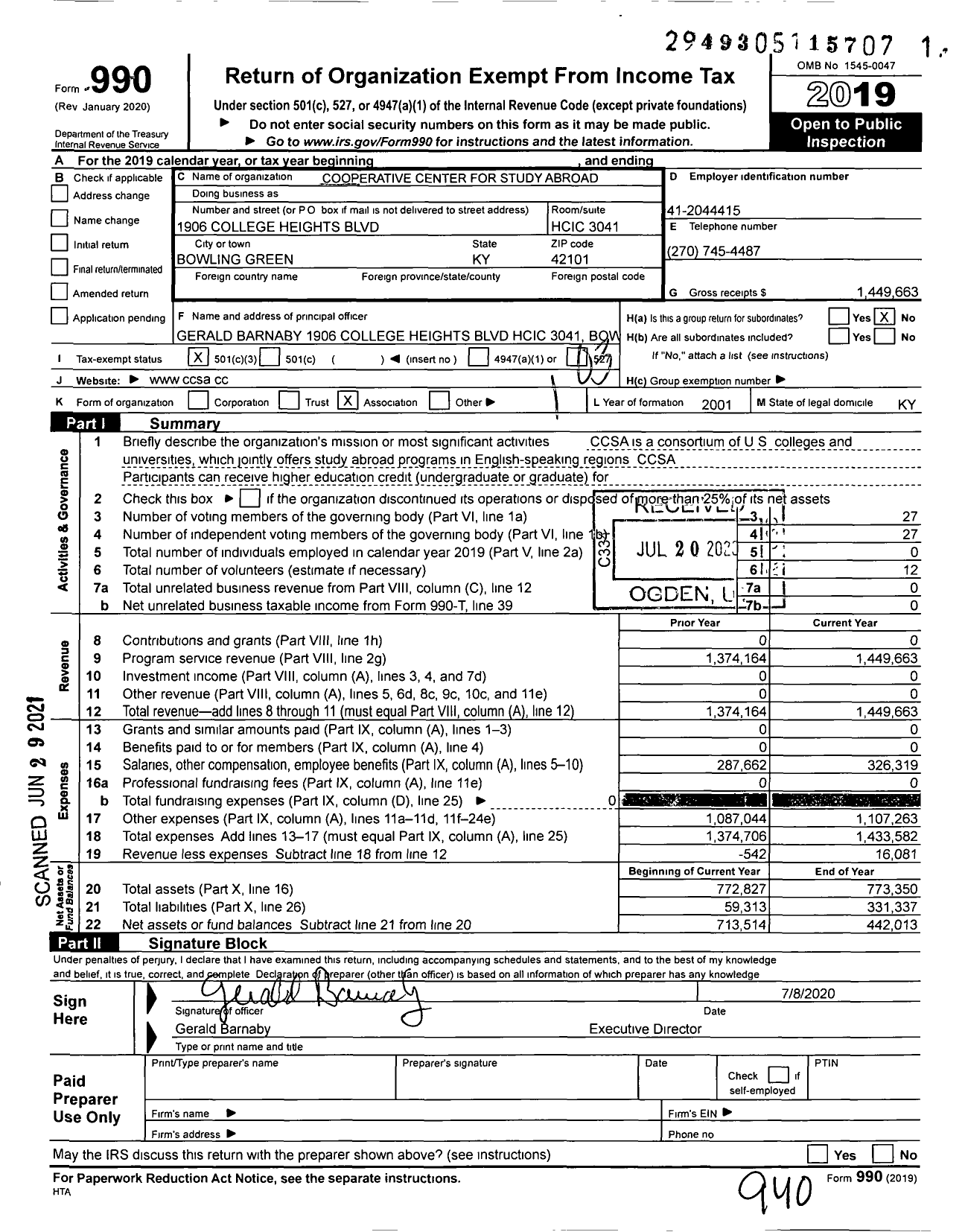 Image of first page of 2019 Form 990 for Cooperative Center for Study Abroad