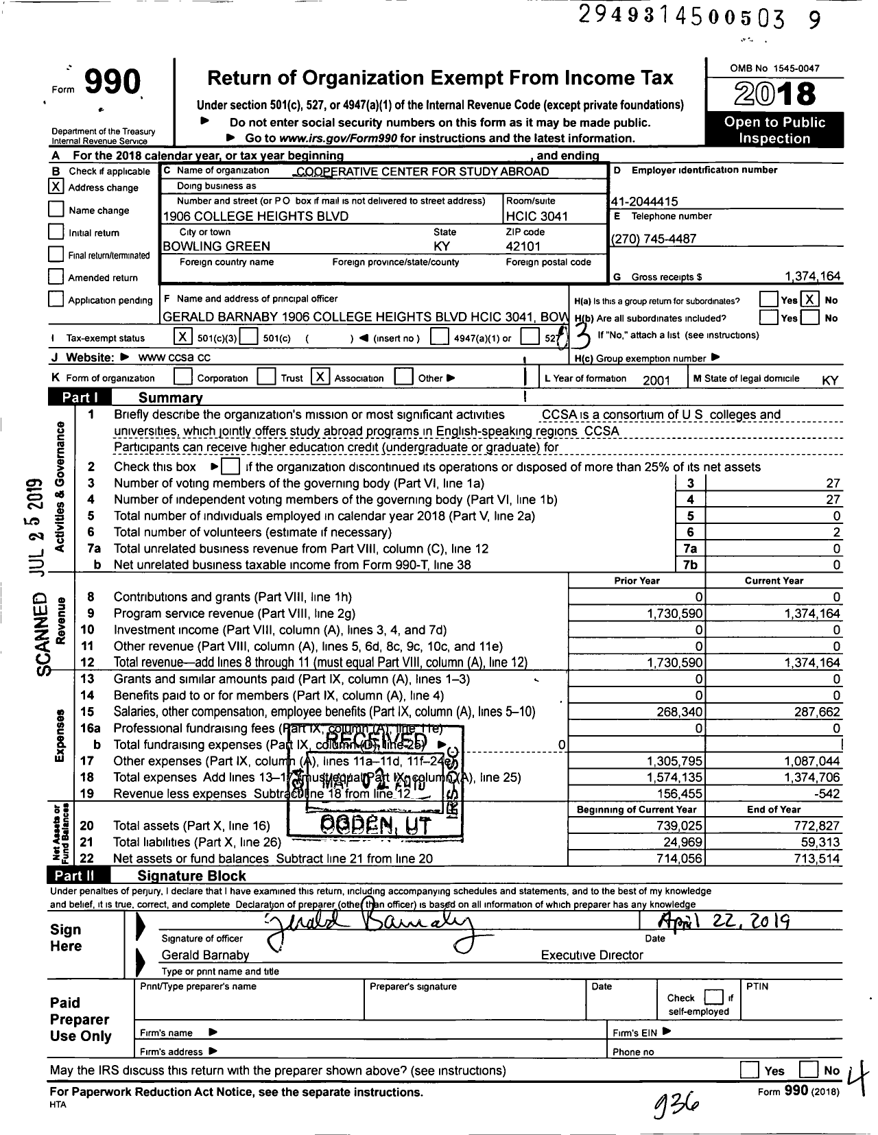 Image of first page of 2018 Form 990 for Cooperative Center for Study Abroad