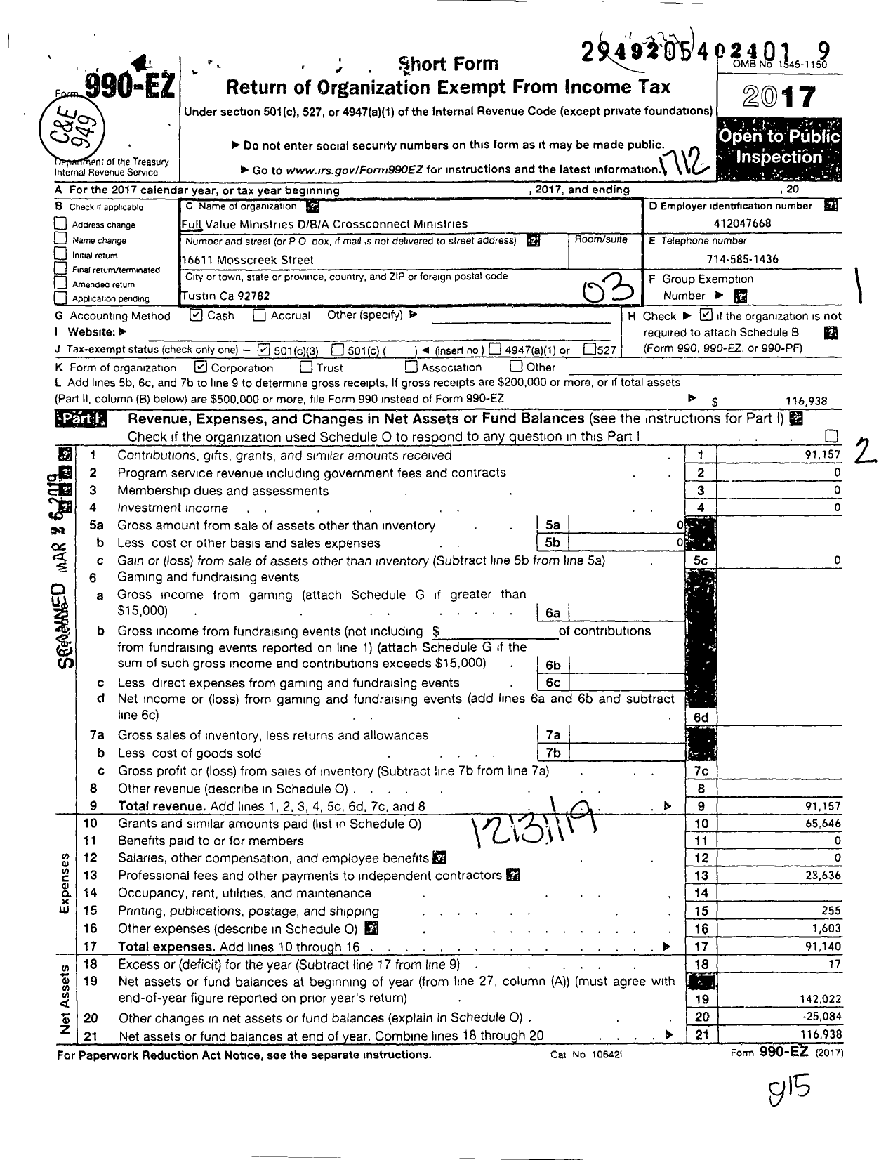 Image of first page of 2017 Form 990EZ for Crossconnect Ministries