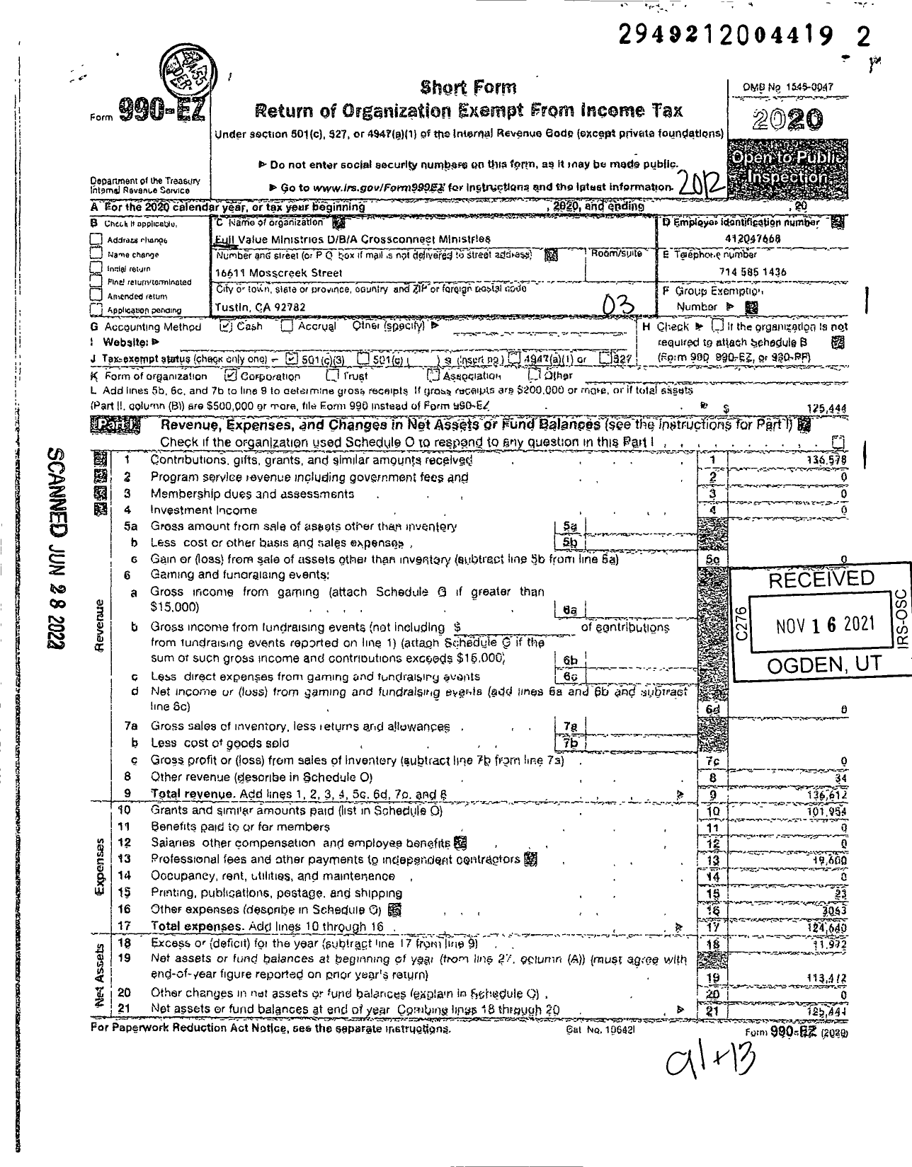 Image of first page of 2020 Form 990EZ for Crossconnect Ministries