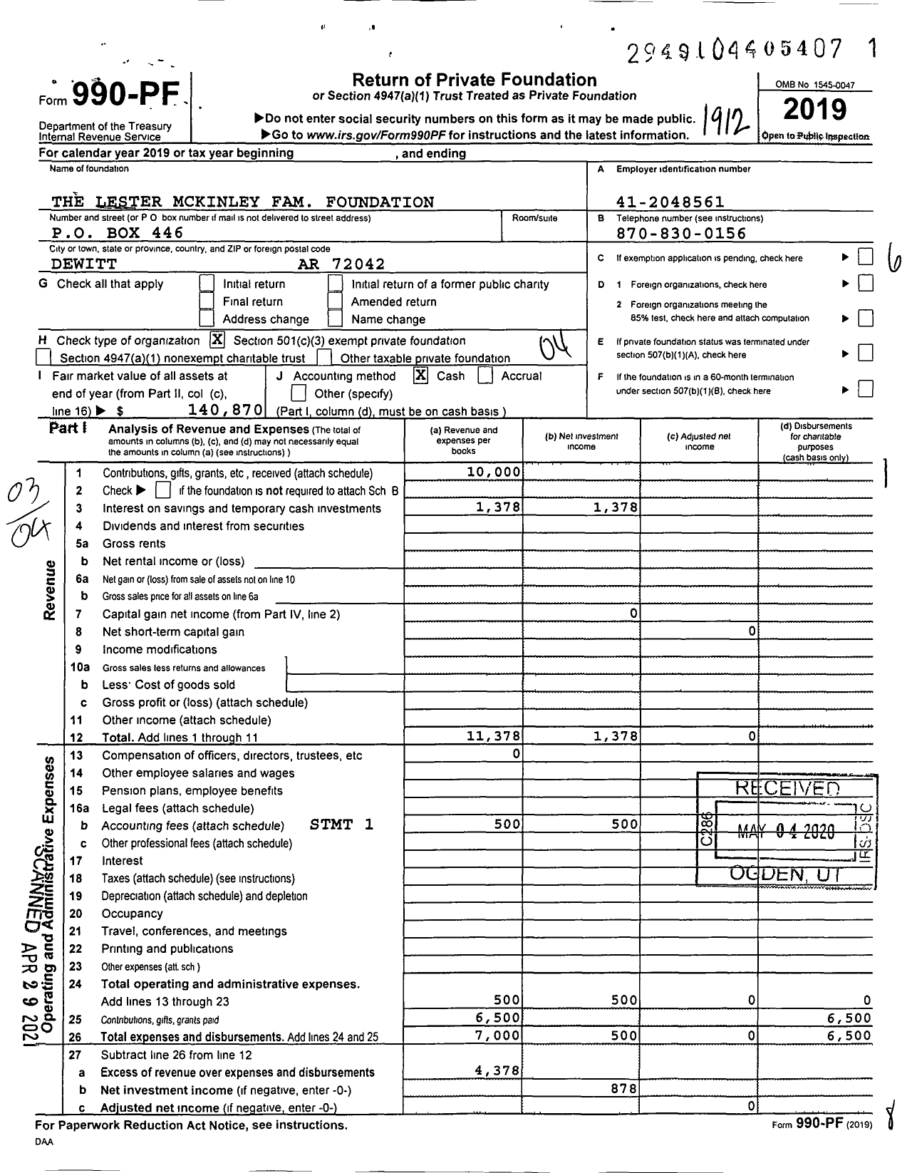 Image of first page of 2019 Form 990PF for The Lester Mckinley Family Foundation