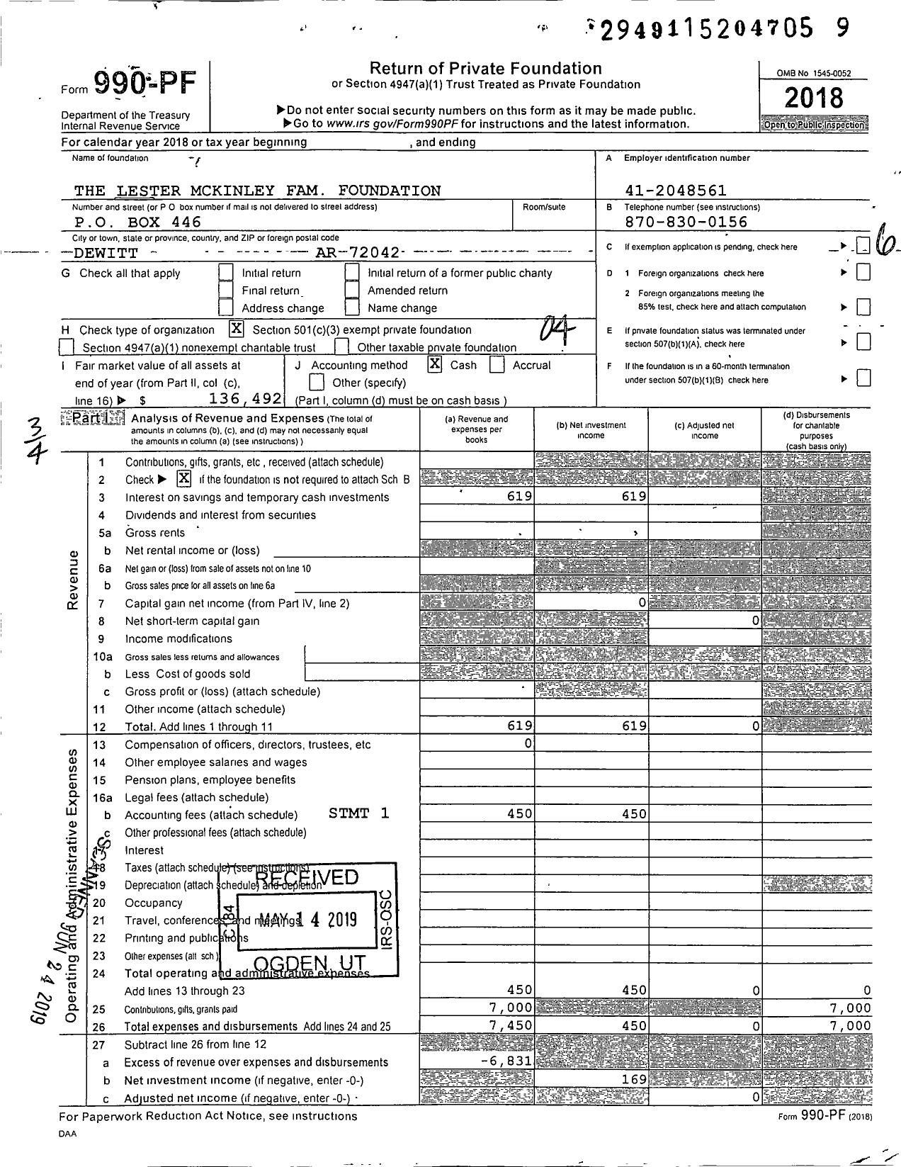 Image of first page of 2018 Form 990PF for The Lester Mckinley Family Foundation