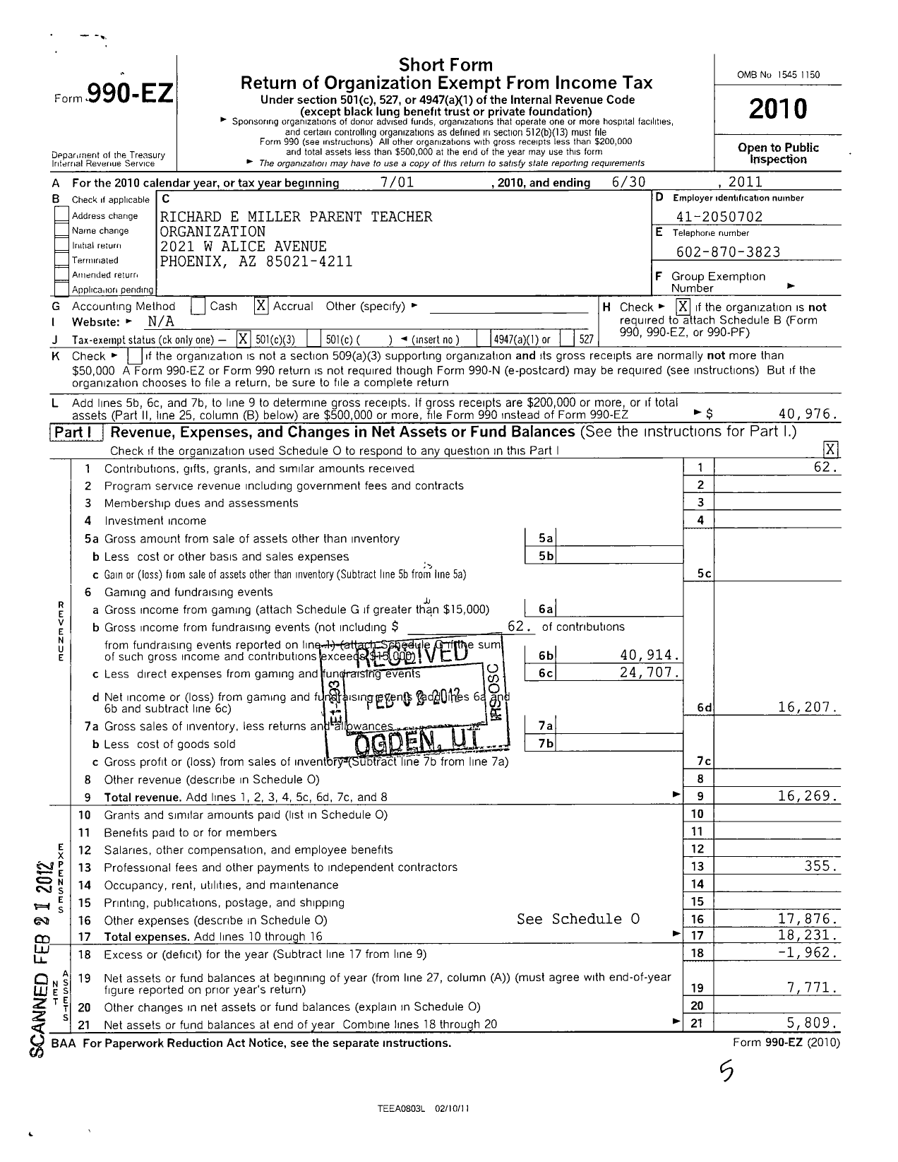 Image of first page of 2010 Form 990EZ for Pto Richard E Miller