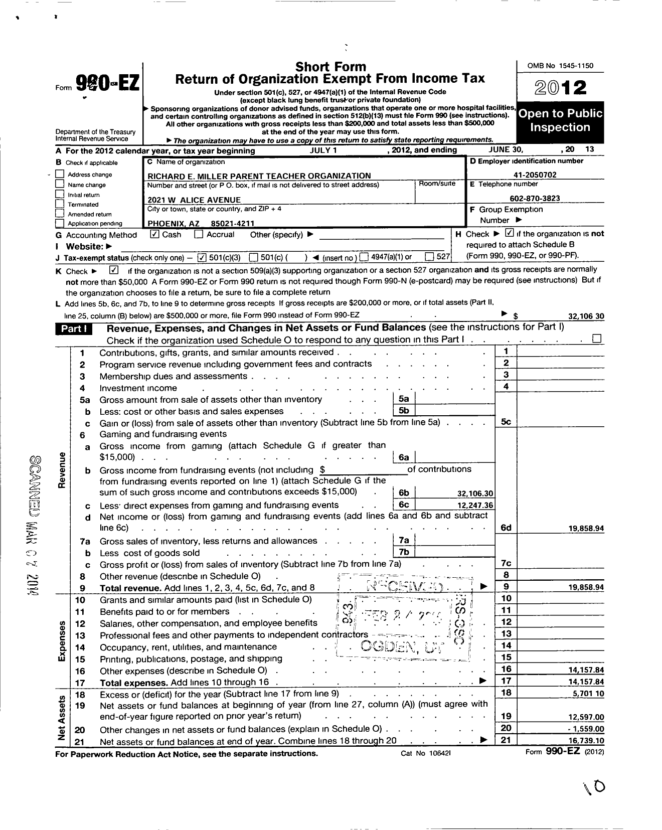 Image of first page of 2012 Form 990EZ for Pto Richard E Miller